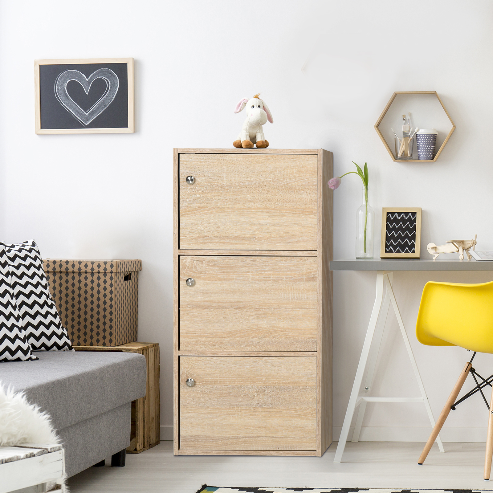 HOMCOM Standschrank, Aktenschrank, Mehrzweckschrank, Büroschrank, Beistellschrank mit 3 Türen MDF-Platten, Natur, 48 x 34 x 100 cm