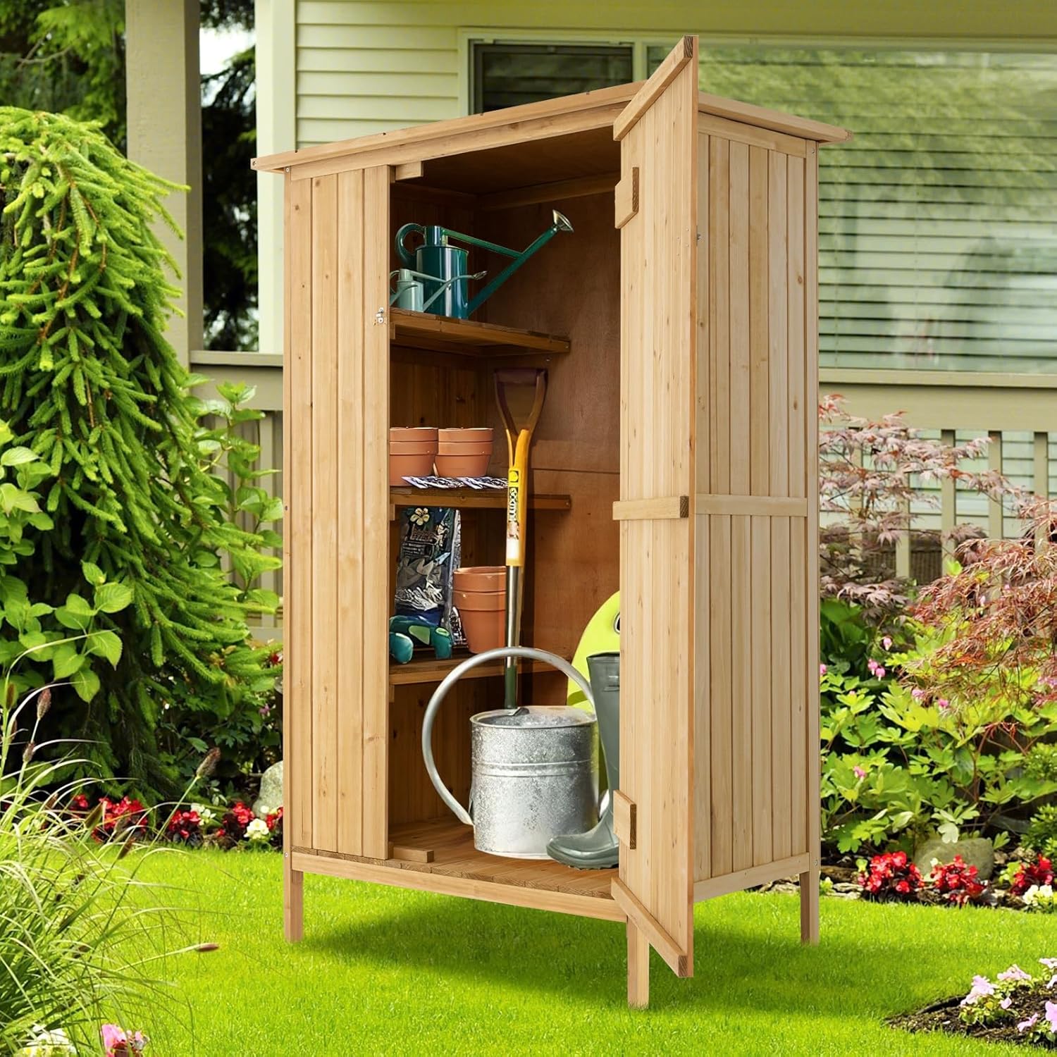 COSTWAY Armadio da Esterno, Casetta Porta Attrezzi da Giardino in Legno di Abete con Tetto in Asfalto, 3 Ripiani, Porta con Serratura e 5 Ganci, Ripostiglio per Balcone e Cortile, 91 × 66 × 150 cm