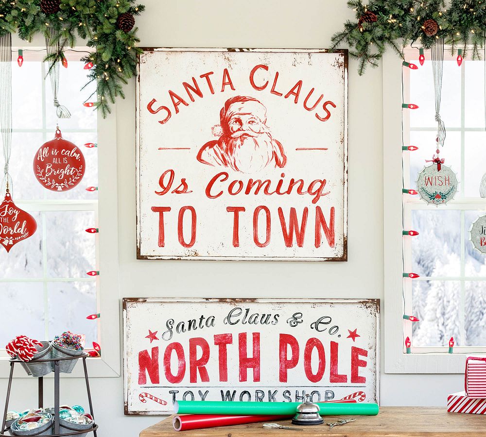 Vintage Santa Claus Christmas Wall Art – Antique Look, Iron & Wood Frame, Indoor/Outdoor Use