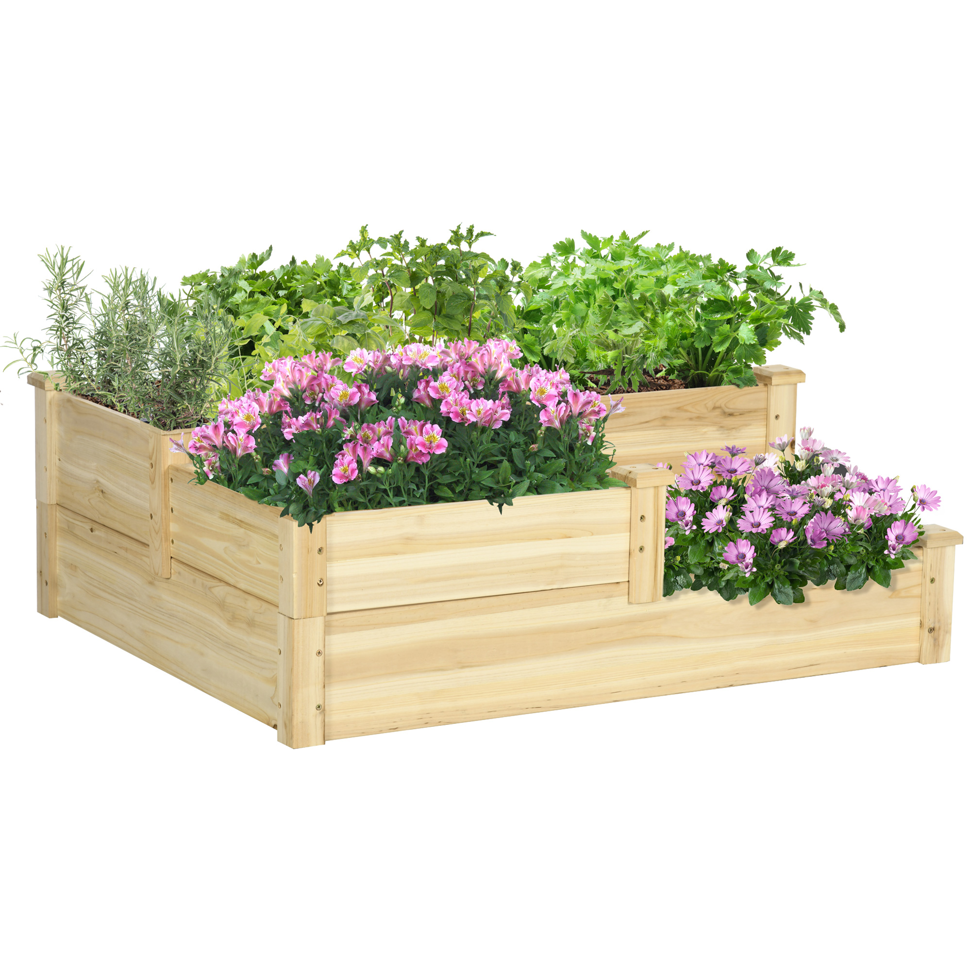 Outsunny Hochbeet mit 3 Pflanzkästen, 3-stufiges Design, offenere Boden, 108 cm x 88 cm x 36 cm, Natur