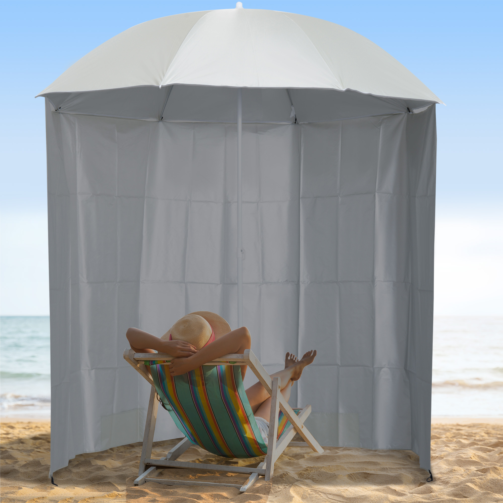 Outsunny Strand-Sonnenschirm Ø 2,2 x 2,2 m UV-Schutz Transporttasche, Bodenankerheringe und Leinen integriert Creme