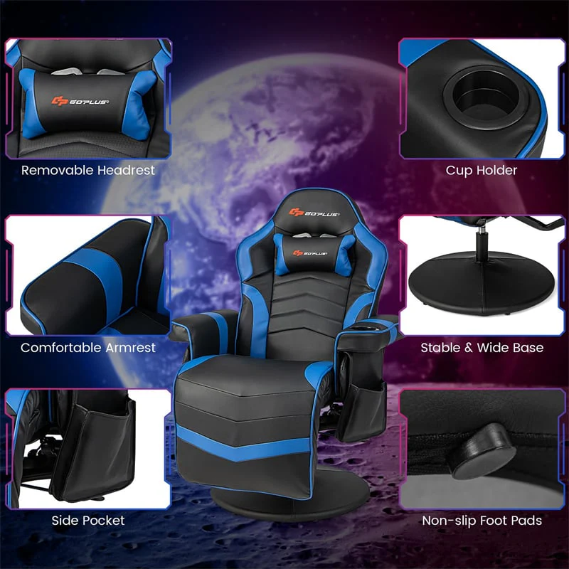 Ergonomic Gaming Recliner Chair with Massage, Retractable Footrest & Cup Holder, Height Adjustable Racing Style Swivel Video Game Chair