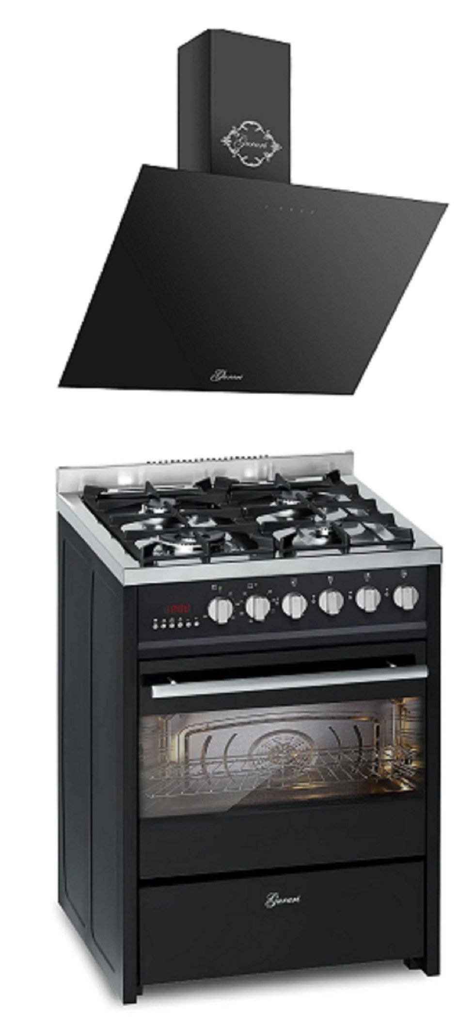 Gas-Standherd 60 cm Schwarze Gasherd mit Elektrobackofen 60 L, Erdgas/Propangas, 4 Kw, WOK, Range Coocker mit Dunstabzugshaube 60 cm, Kopffreihaube, Schwarz, Schwarz Glas, Effizient, 1000m³/h, TouchControl GCH E 610 BL +GCH 286 BL 6 Prime