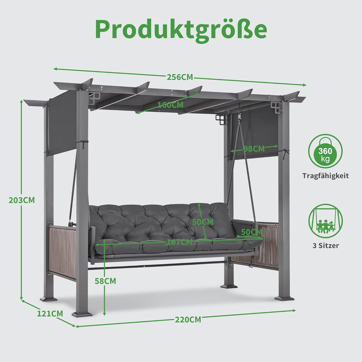 M MCombo dondolo Hollywood 3 posti con funzione letto e padiglione da giardino, dondolo con tettuccio retrattile, cuscino extra spesso da 8 cm e ganci silenziosi, panca da giardino 4067 (grigio)