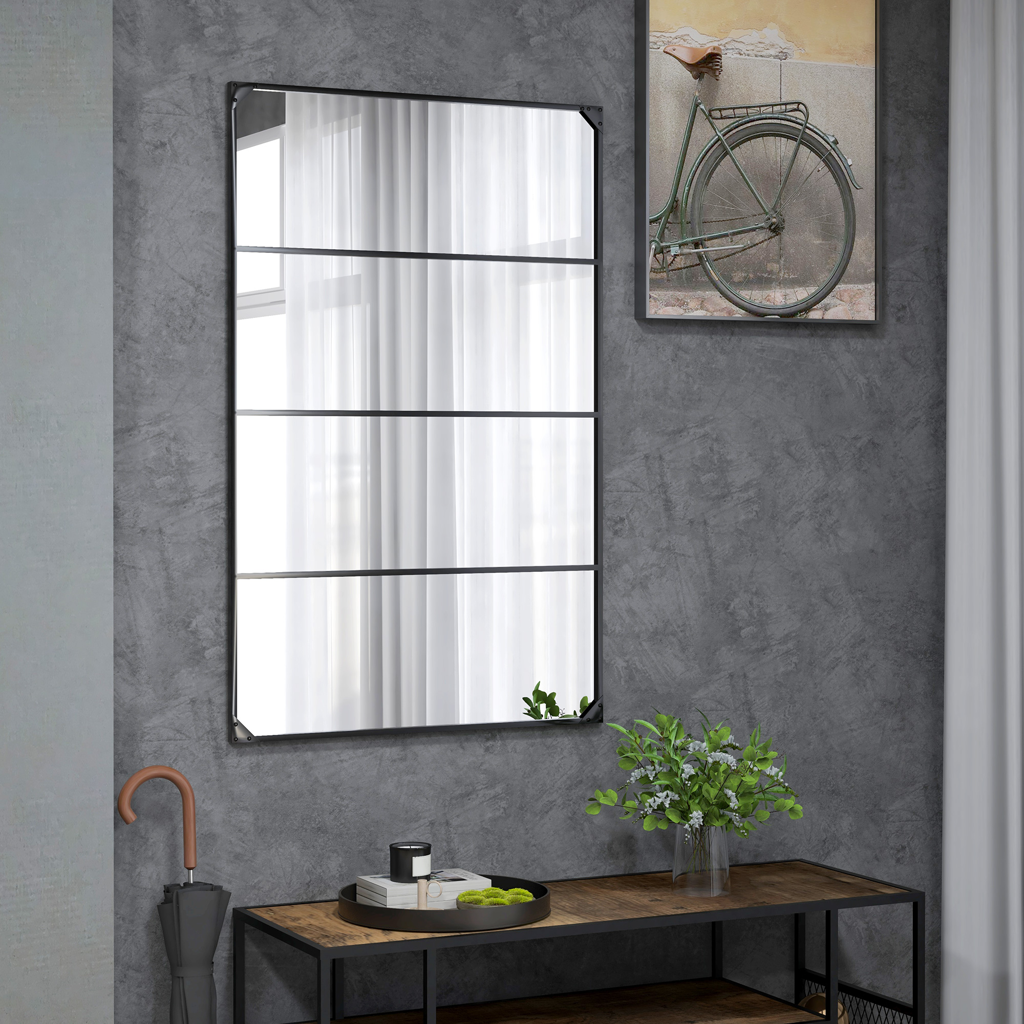 HOMCOM Rechteckiger Wandspiegel Verrière im Industriestil, horizontal oder vertikal mit 4 Haken, in Schwarzem Metall 109 x 69 cm
