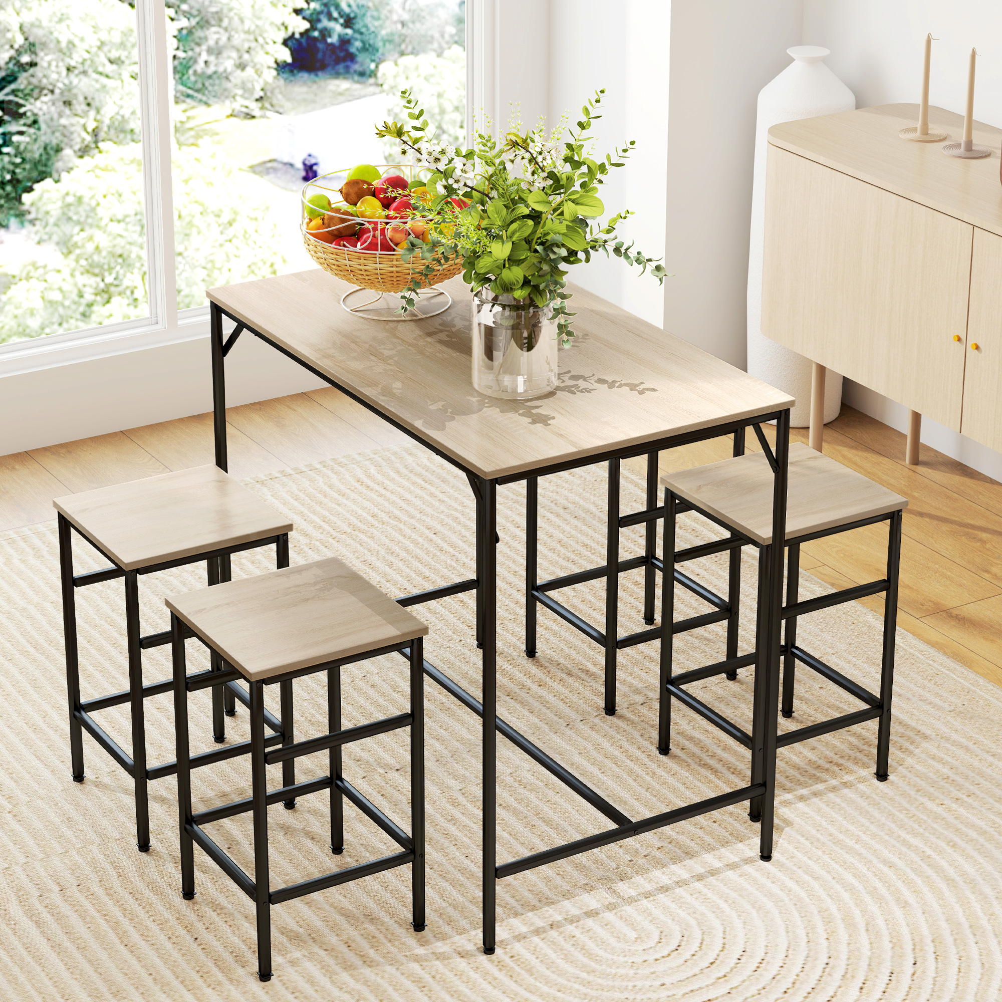 HOMCOM Bartisch-Set Stehtisch mit 4 Barhockern 5-teiliges Tischset Stahl Eiche