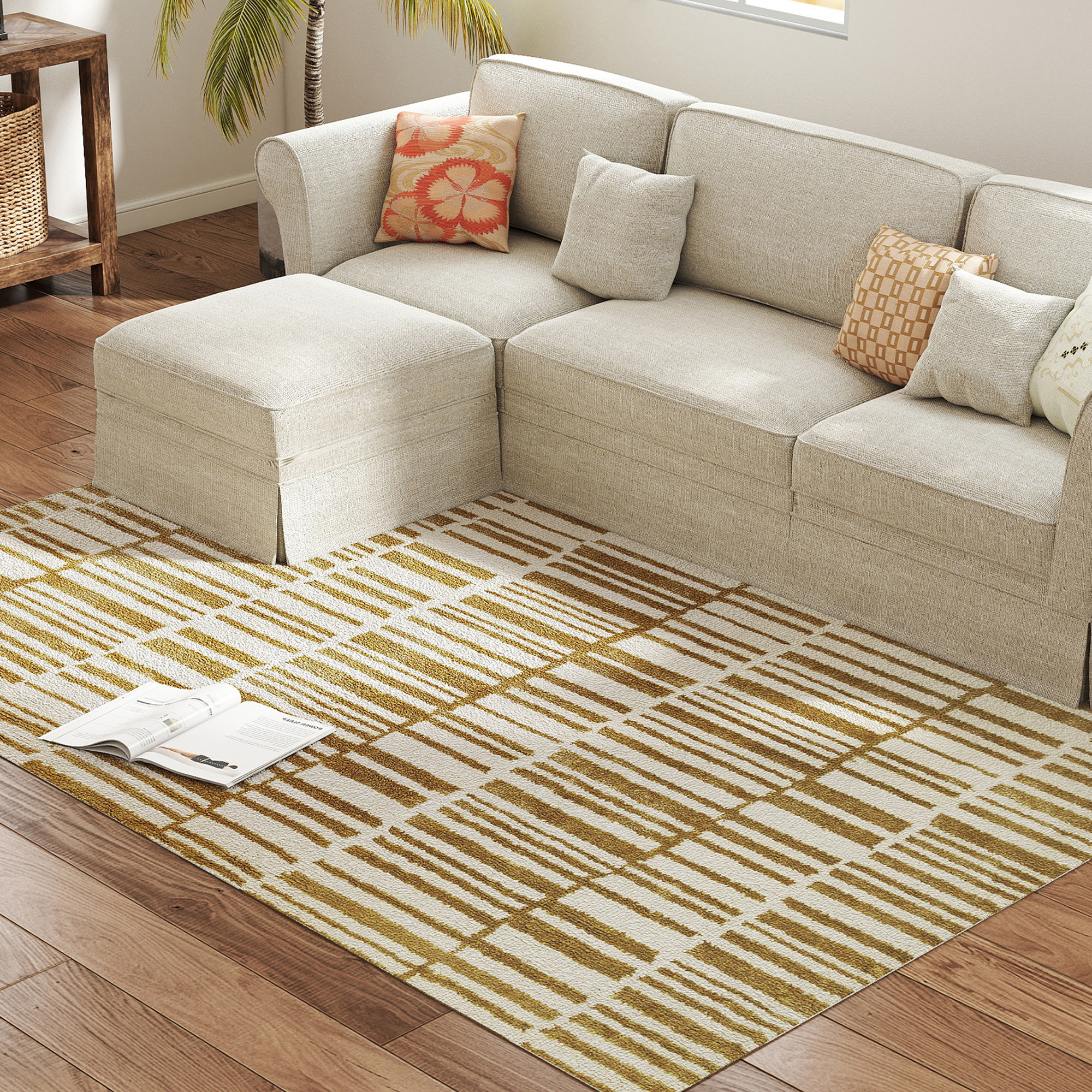 HOMCOM Teppich Wohnzimmer 200 x 140 cm Kurzflor maschinenwaschbar hypoallergen für Wohnzimmer, Schlafzimmer, Büro, Gelb