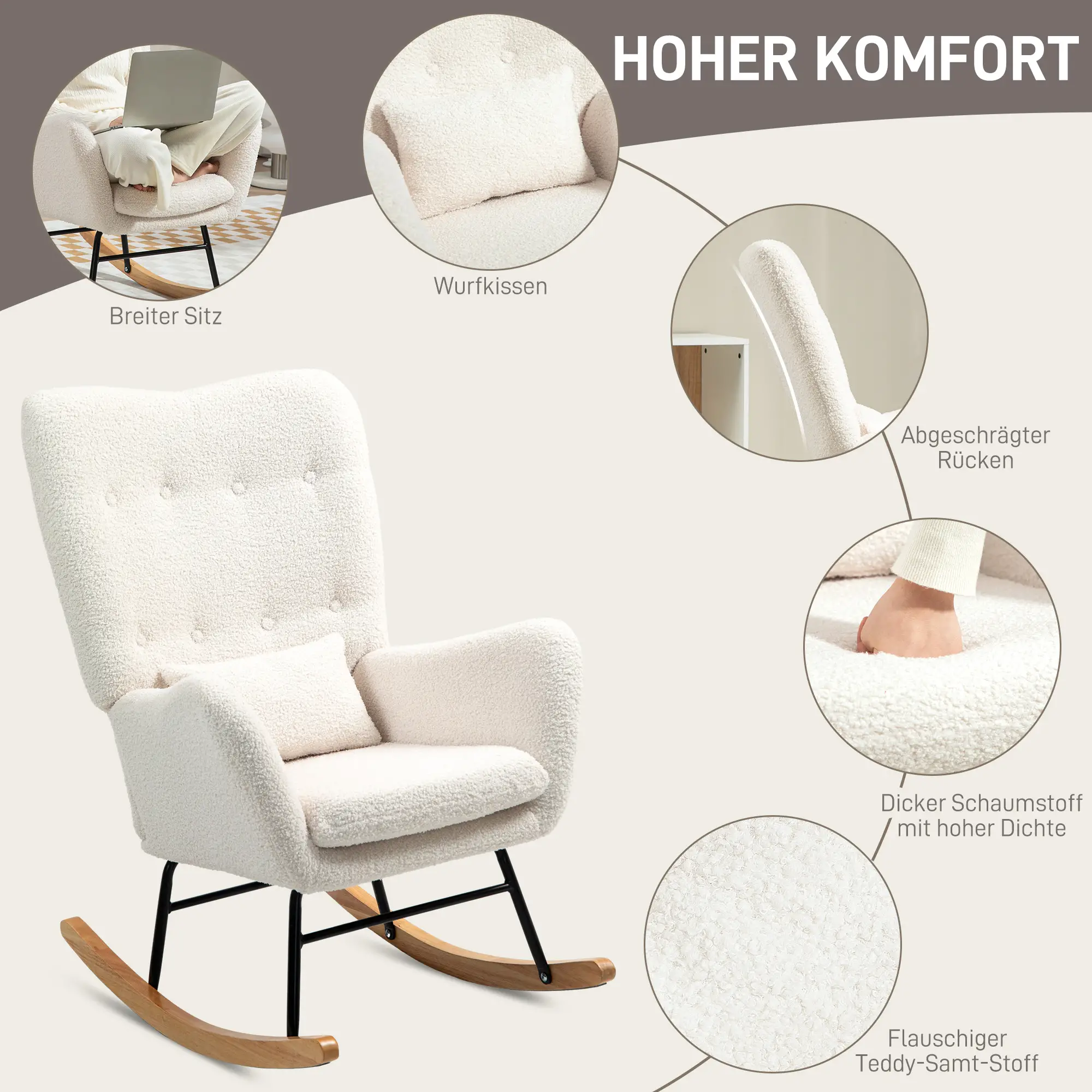 HOMCOM Schaukelstuhl Wohnzimmer sanft schaukelnd Teddystoff cremeweiß