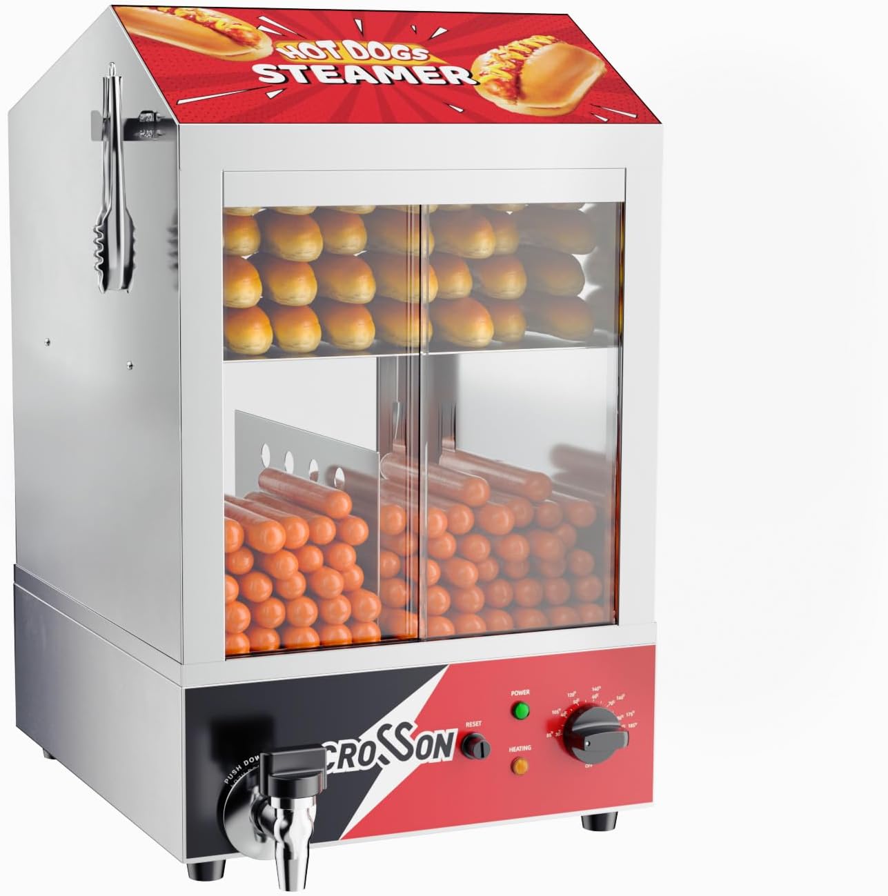 CROSSON Hot Dog Dampfgarer, 42L, 2-stöckiger Hot Dog Hut Dampfgarer, 175 Hot Dogs und 50 Brötchen Brötchen Fassungsvermögen Brötchenwärmer mit sichtbaren Schiebetüren aus gehärtetem Glas