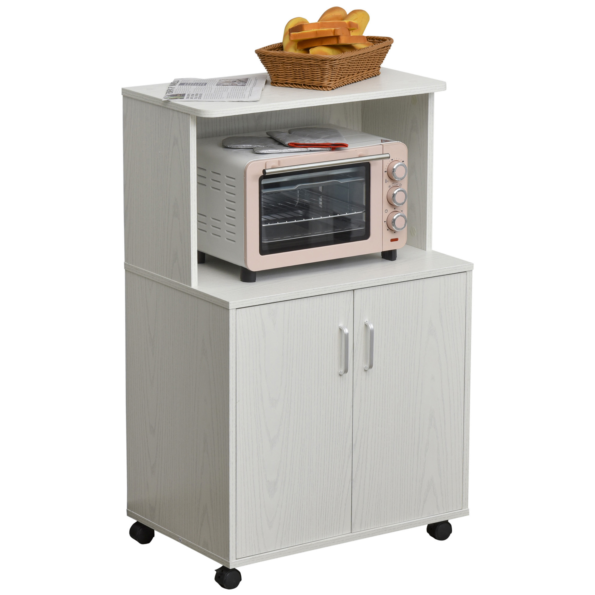 HOMCOM Küchenschrank, Büroschrank, für Mikrowelle, Drucker, mit Rädern, Einlegeböden, weiß, 60,4 x 40,3 x 97cm