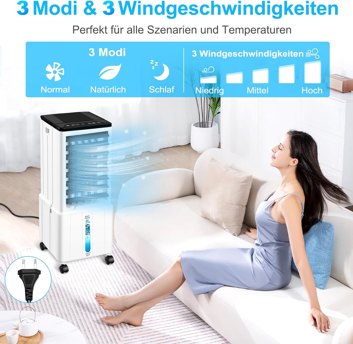 Klimagerät ohne Abluftschlauch, 14L 60W Klimaanlage Mobil mit 12H Timer, 3 Modus, 40dB, 120°Oszillation, Abnehmbare Wassertank, Fernbedienung, Leise Portable Air Conditioner für Wohnung Zimmer Räume