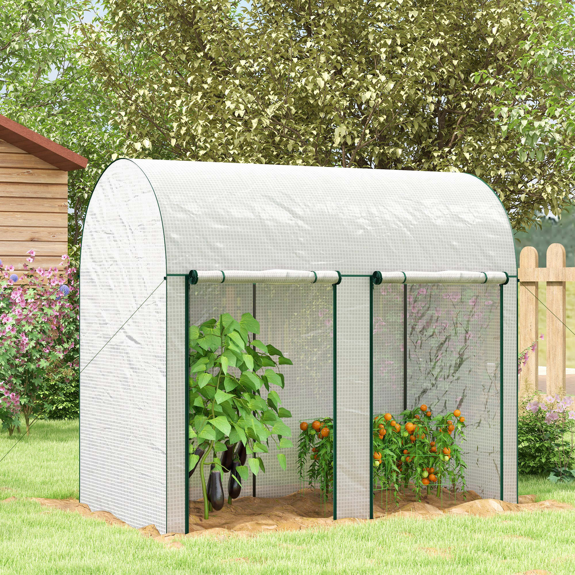 Outsunny Gartengewächshaus 2 m² Abmessungen 2L x 1B x 1,78H m 2 Rolltüren mit Reißverschluss Stahl PE hohe Dichte 140 g/m² UV-beständig weiß