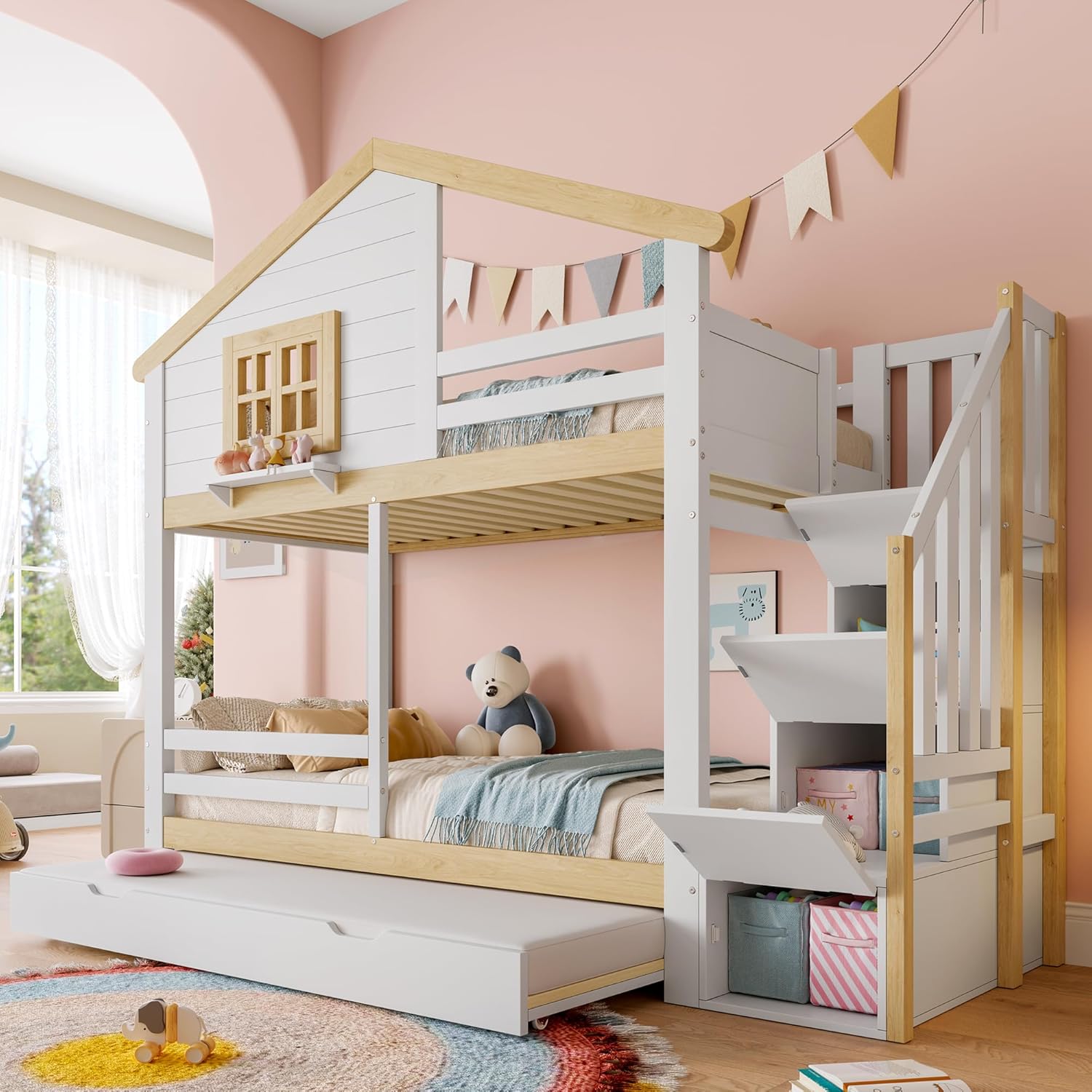 Merax Kinderbett 90x200 Etagenbett für 2 Kinder, Hochbett Hausbett mit Dach&Fenster&Bettgitter, Ausziehbares Bett, Treppe mit 4 Ablagefächern, Bett mit Lattenrost & Rausfallschutz, Ohne Matratze, Weiß