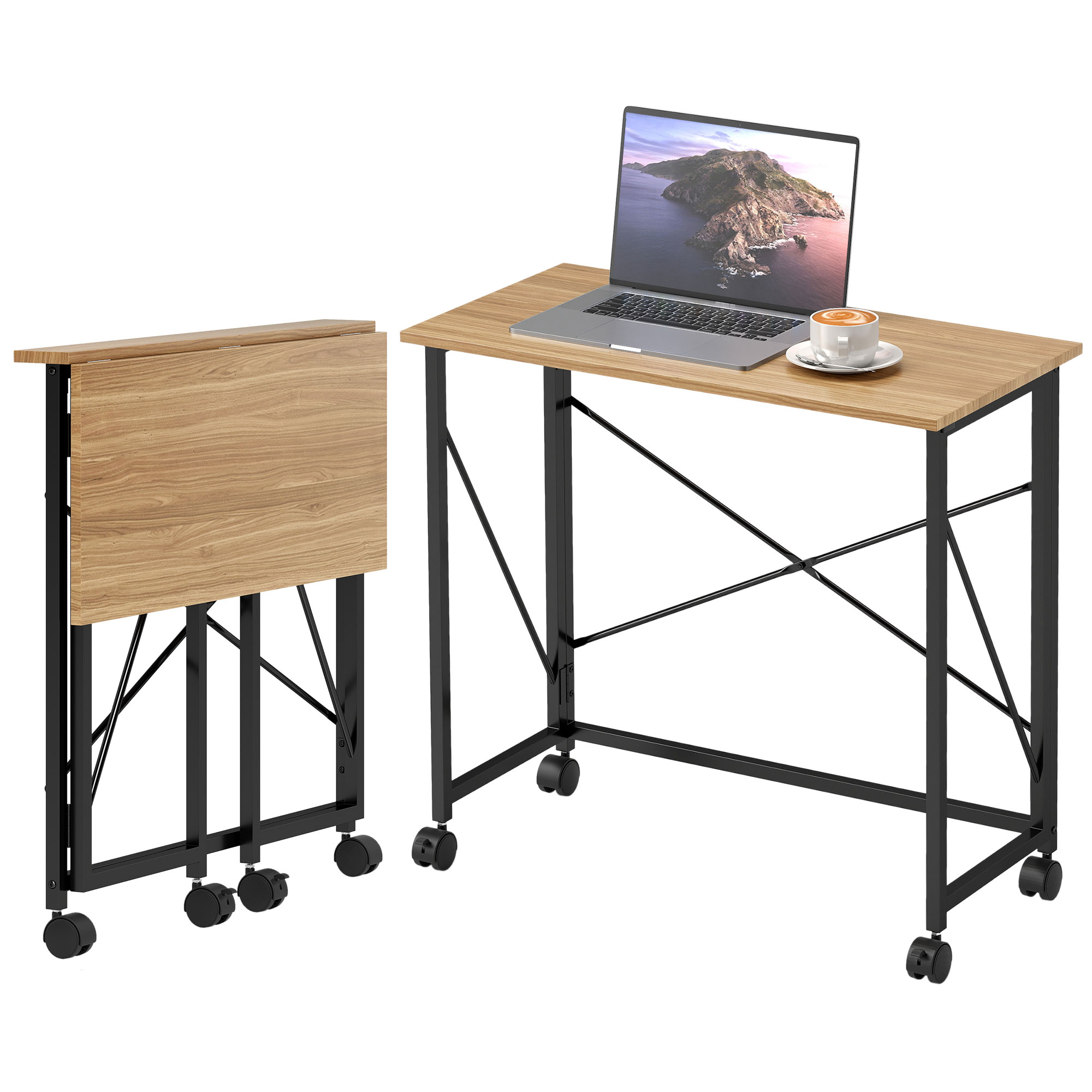 HOMCOM Klappbarer Schreibtisch mit Rädern, platzsparend, Stahl, MDF, Eiche