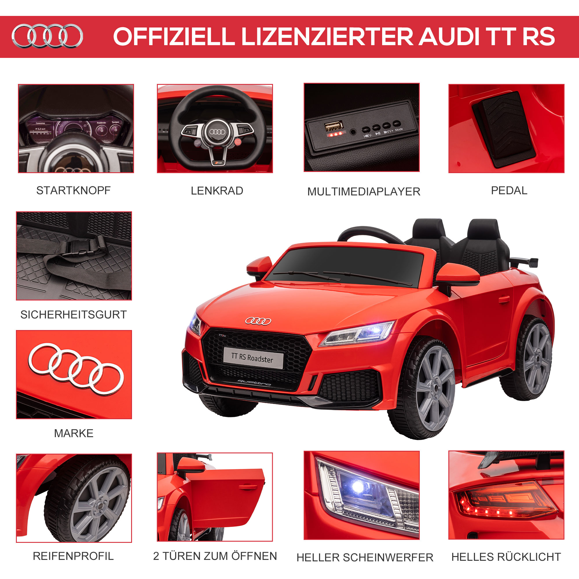 ? kindervoertuig elektrische auto Audi TT RS afstandsbediening MP3 3-8 jaar PP rood 103 x 63 x 44 cm | Aosom.de