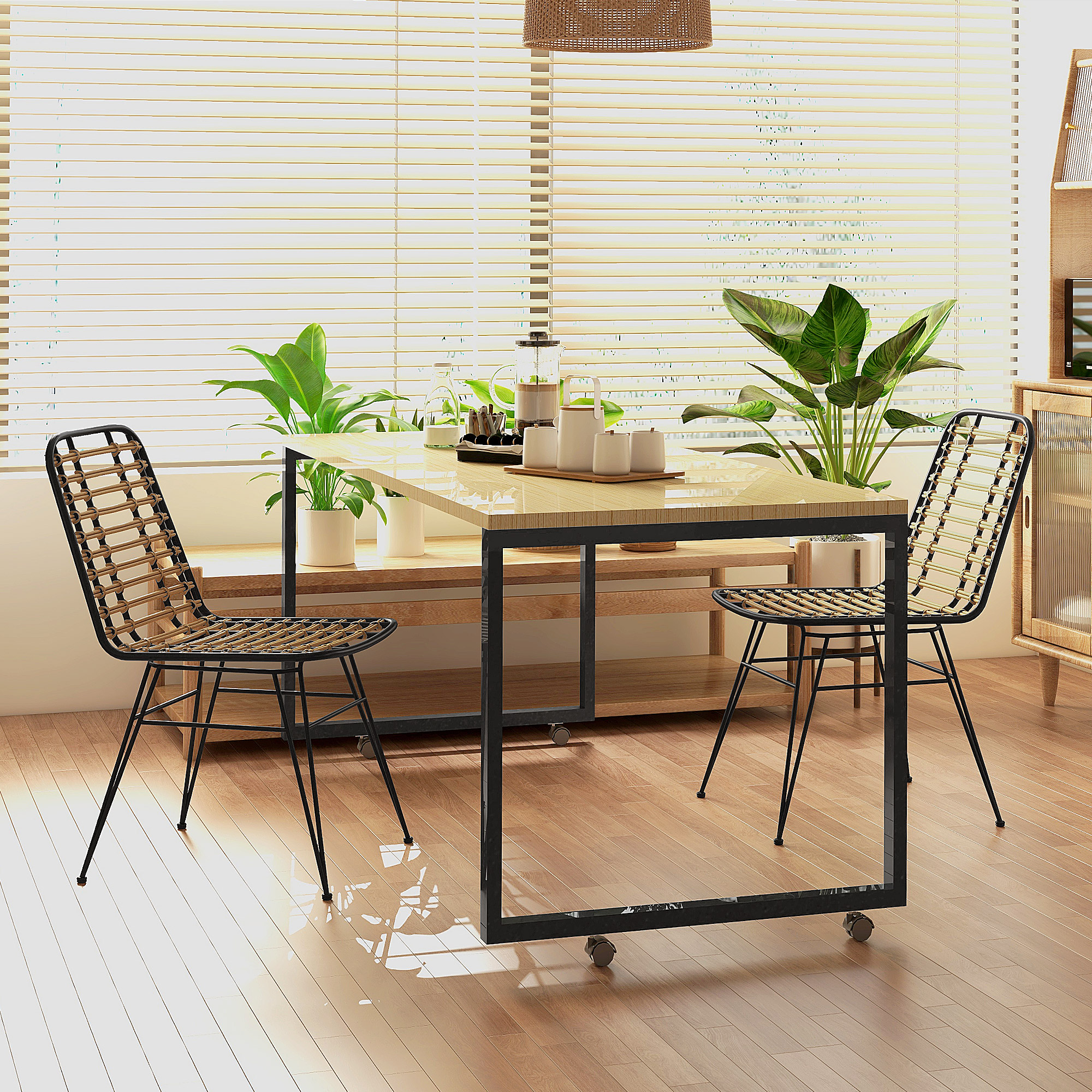 HOMCOM Set mit 2 Esszimmerstühlen mit Schwarzem Stahlgestell, geflochtenem Harzsitz in Rattanoptik, Bohème-Stil