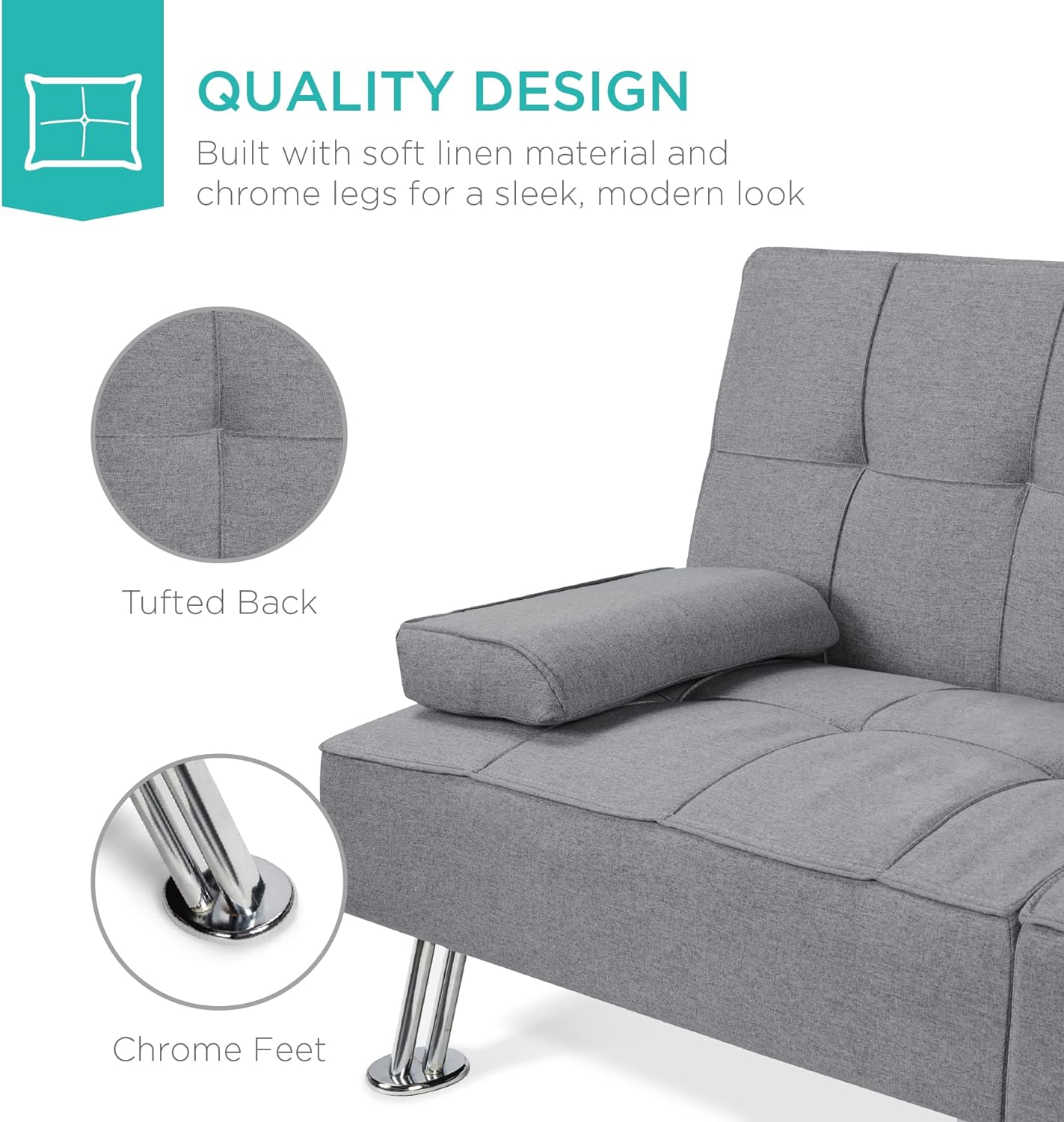 Best Choice Products Linen Upholstered Modern Convertible Folding Futon Sofa Bed for Compact Living Space, Apartment, Dorm, Bonus Room w/Removable Armrests, Metal Legs, 2 Cupholders - Gray