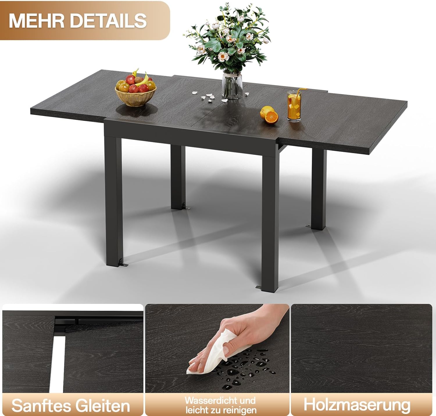 Devoko Extendable Aluminium Garden Table – Weather Resistant, 130 – 260 x 80 x 75 cm, UV Protection and Easy to Clean, for 4 – 6 People for Patio/Garden, Dark Grey