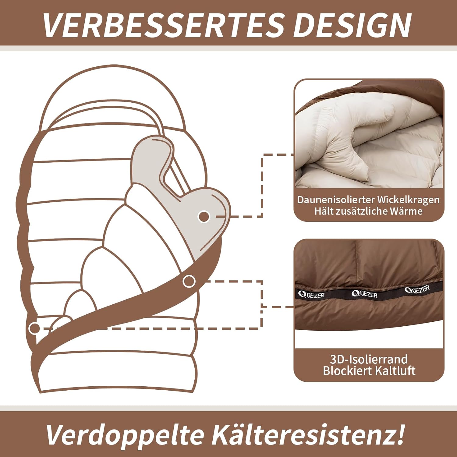 Daunenschlafsack, Winterschlafsack, gefüllt mit 650er Entendaunen. RDS-Zertifiziert. Geeignet für Temperaturen von 8 °C bis -30 °C, ideal zum Campen und Bergsteigen.