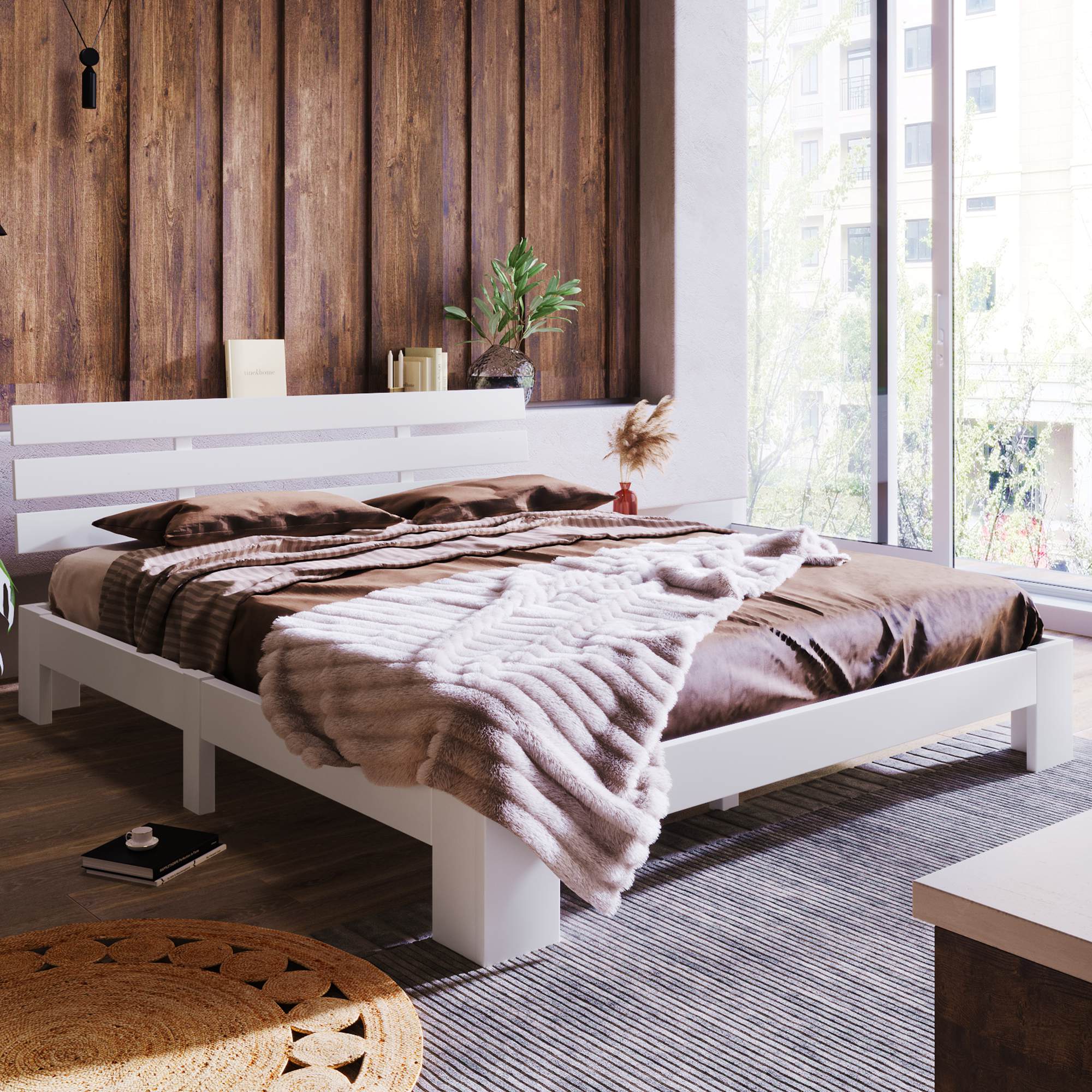 Bettgestell 140x200 - Doppelbett, minimalistisch, mit Stauraum, ohne Matratze, Kiefer, fürs Zuhause, Weiß