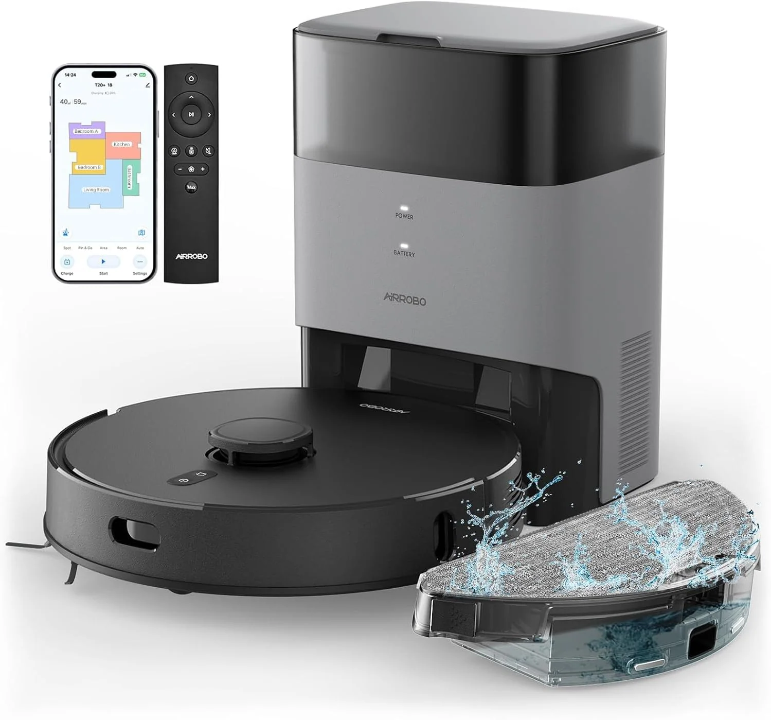 AIRROBO T20+ Saugroboter mit Wischfunktion, 3.5L Staubsauger Roboter mit Absaugstation, 180Min Laufzeit, LiDAR Navigation, Starke Saugkraft ideal für Teppich und Tierhaare, APP Steuerung
