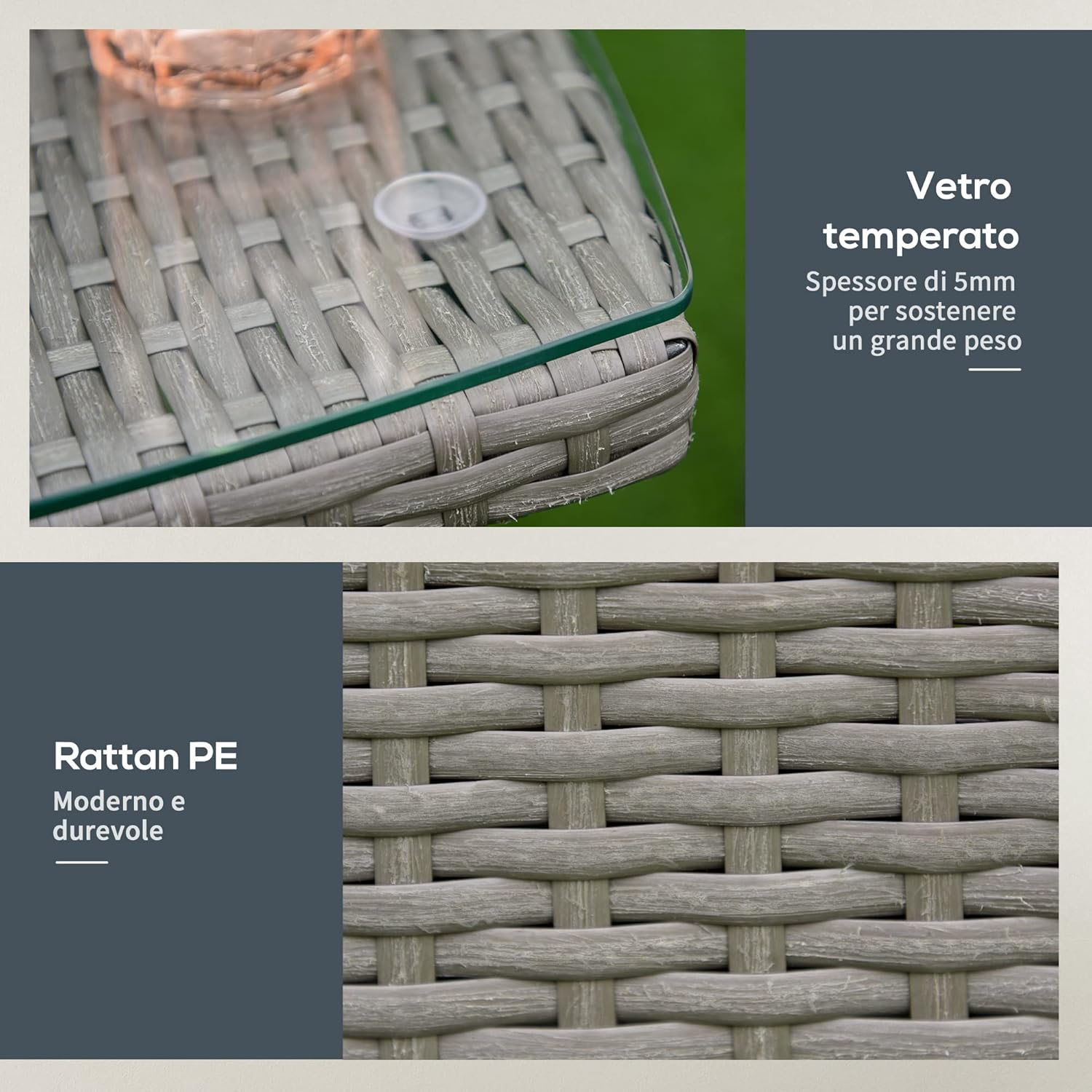 Outsunny Outdoor Garden Set 3 Pieces in PE Rattan and Steel, Set of 2 Chairs with Washable Cushions, Armrests, Coffee Table with Glass Top, Living Room Garden Balcony Patio Courtyard, Grey