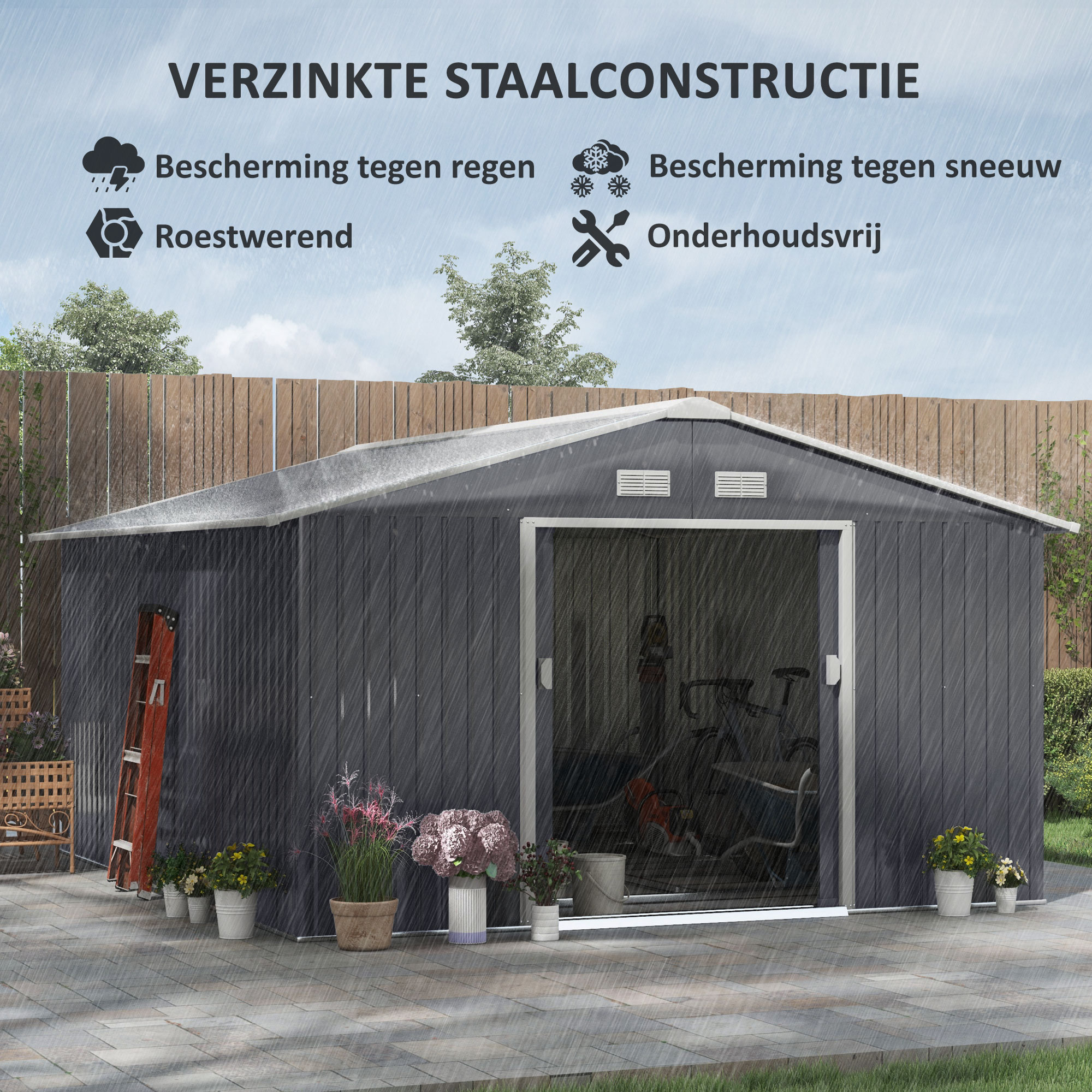 Outsunny Gereedschapsschuur met fundering 24,5 m3 gereedschapsschuur tuinhuisje stalen schuifdeur