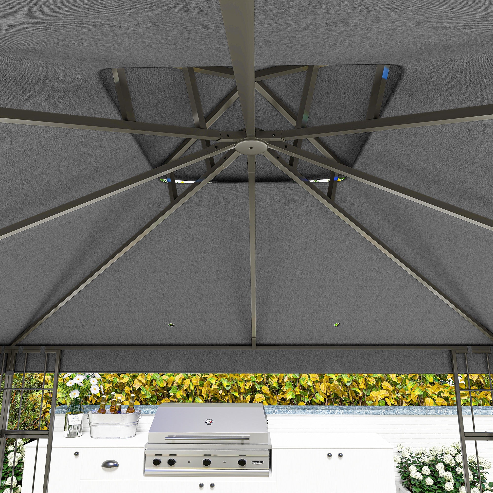 Outsunny 3 x 3 m Tuinpaviljoen, 2-Laags Dakontwerp, UV30+ Bescherming, UV-bestendig, Zonbescherming, Metalen Frame, Donkergrijs