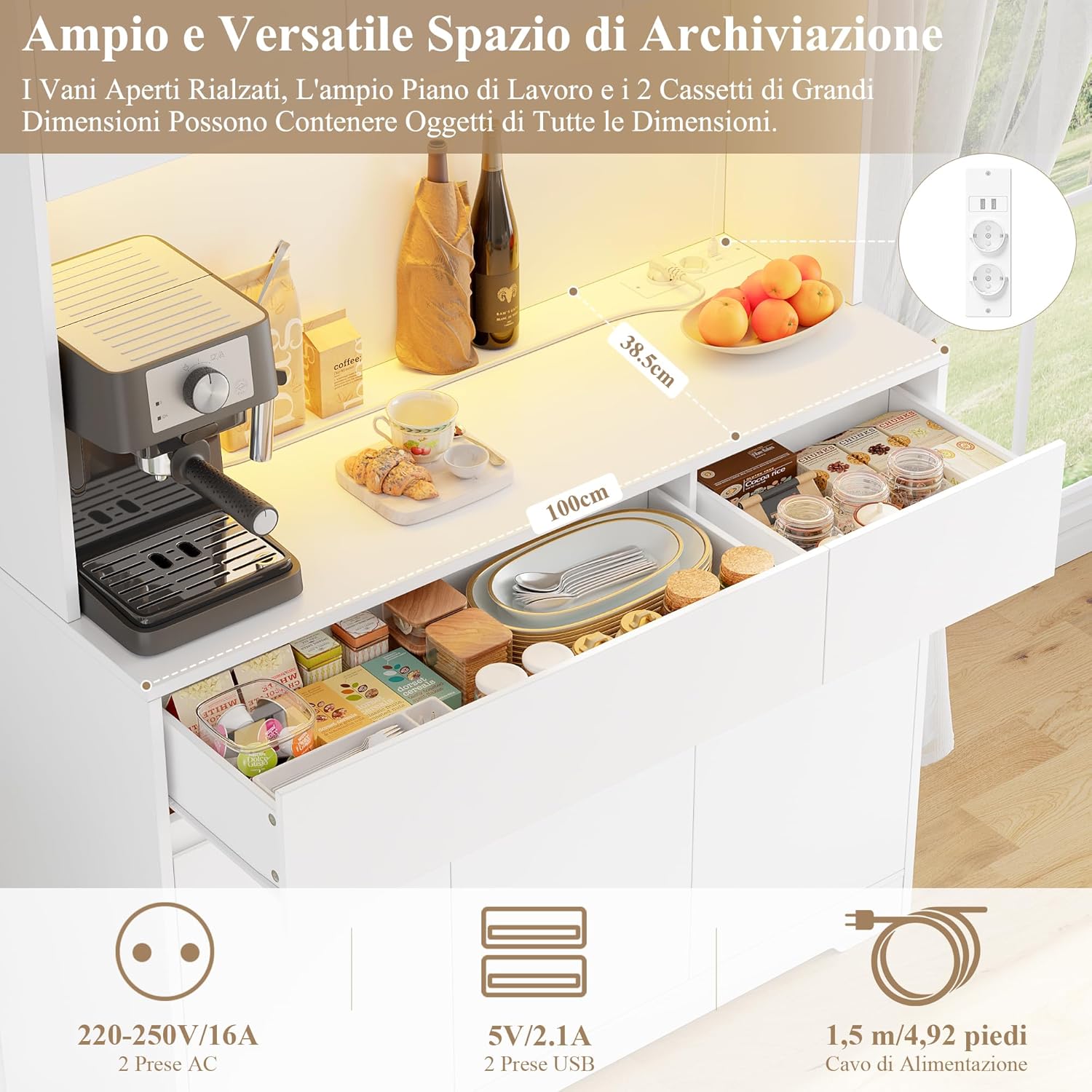 FirFurd Mobile Cucina, Credenza Cucina Alta con Presa e Luce LED, Mobile Dispensa con Ripiani Regolabili, Ampio Piano di Lavoro, per Sala da Pranzo, Soggiorno, 100x38,5x180cm (Bianco)
