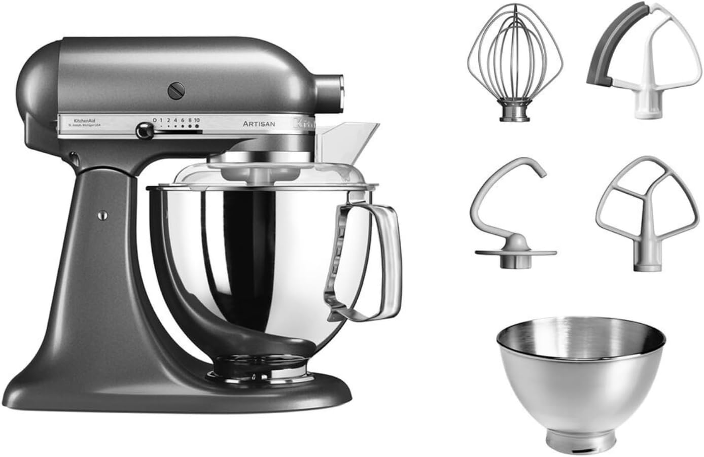 KitchenAid Küchenmaschine I Artisan I Kippbarem Food Processor I Teigknetmaschine mit 5 Zubehör | 2 Schüsseln aus Edelstahl | 4.8 L | Schwarz