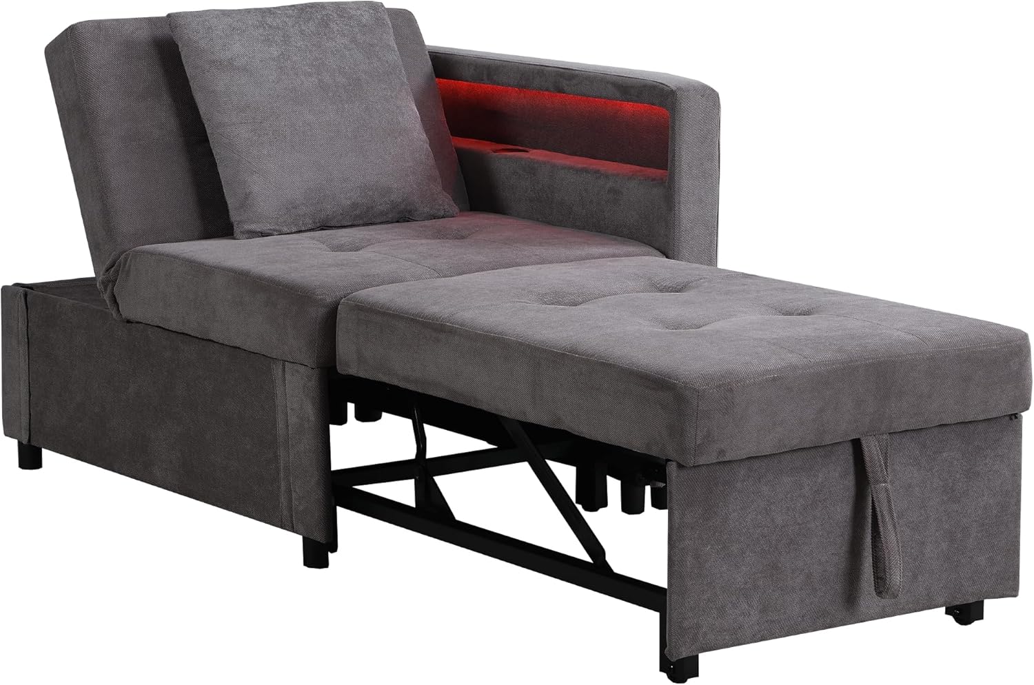Polsterbett Schlafsofa 3 in 1 Multifunktions-Schlafsofa, Leinenstoffsofa mit Verstellbarer Rückenlehne, Die Armlehne verfügt über LED-Lichtleisten und USB-/Typ-C-Anschlüsse (Dunkelgrau)