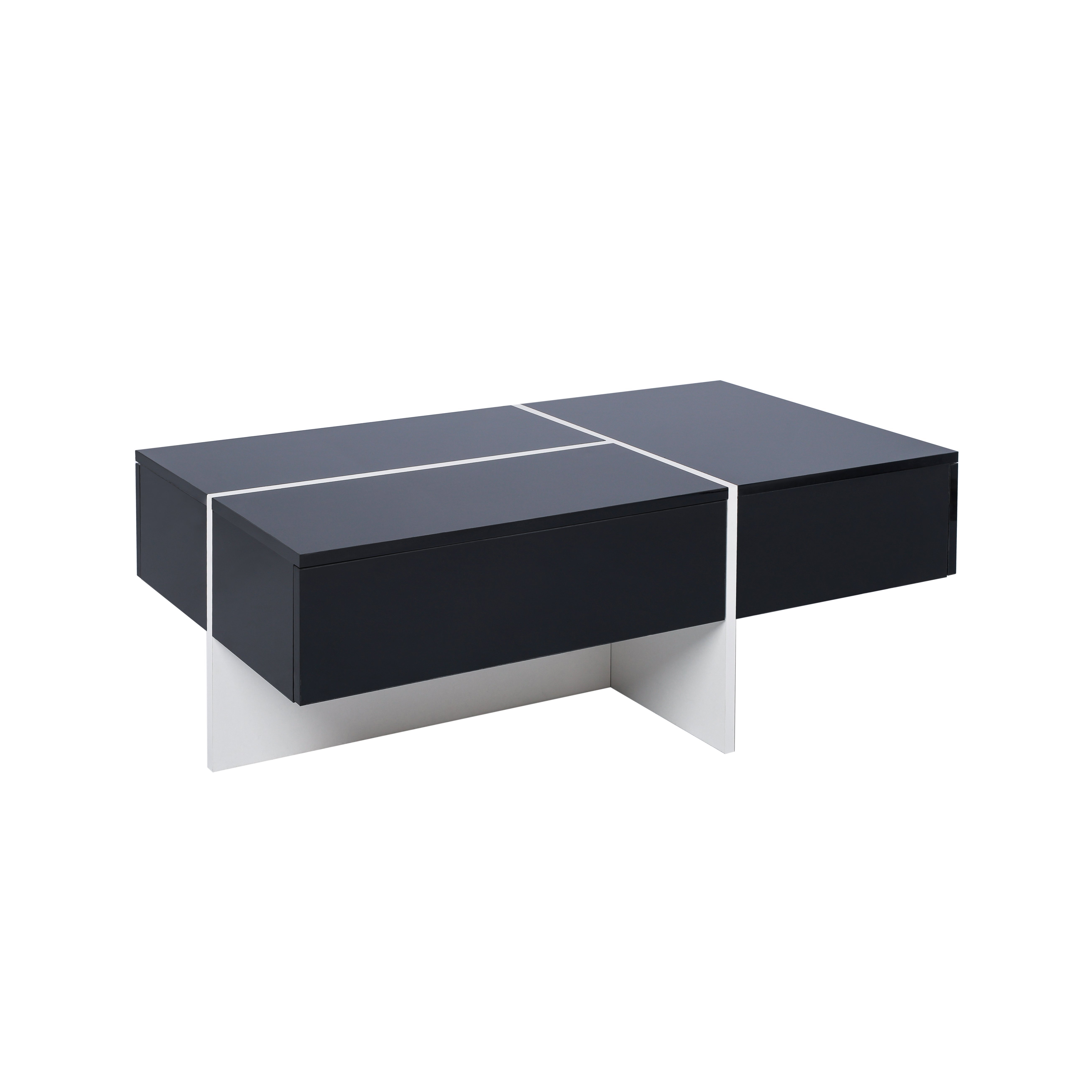 Hochglänzender Couchtisch mit App-gesteuertem LED-Beleuchtungssystem und drei Schubladen, schwarz-weiße Colorblock-Struktur, Schwarz