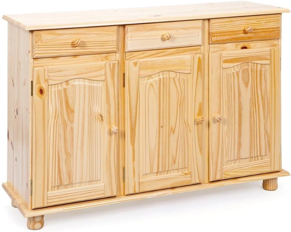 Inter Link, Landhausstil Kommode, Sideboard, Sideboard Buffet, Landhausstil, Beistellschrank, Kiefer massiv, 3 Türen, 3 Schubladen, Natur lackiert