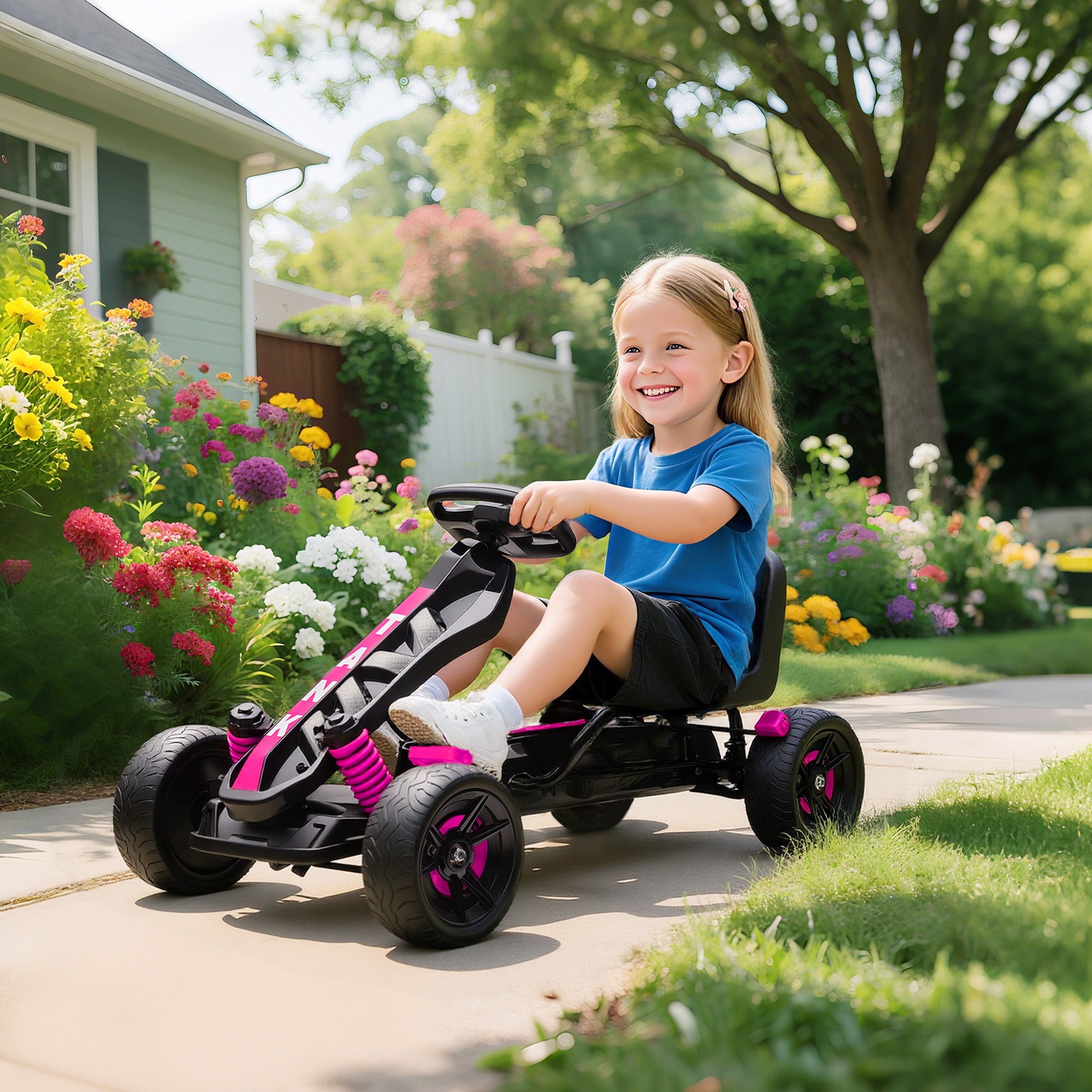 AIYAPLAY Pedal Go-Kart für Kinder, Kinderkart 3 bis 6 Jahre mit automatischer Kupplung, Bremse, rutschfesten EVA-Rädern, Rosa