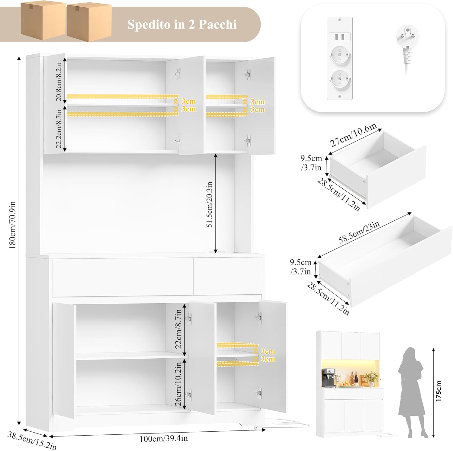 FirFurd Mobile Cucina, Credenza Cucina Alta con Presa e Luce LED, Mobile Dispensa con Ripiani Regolabili, Ampio Piano di Lavoro, per Sala da Pranzo, Soggiorno, 100x38,5x180cm (Bianco)