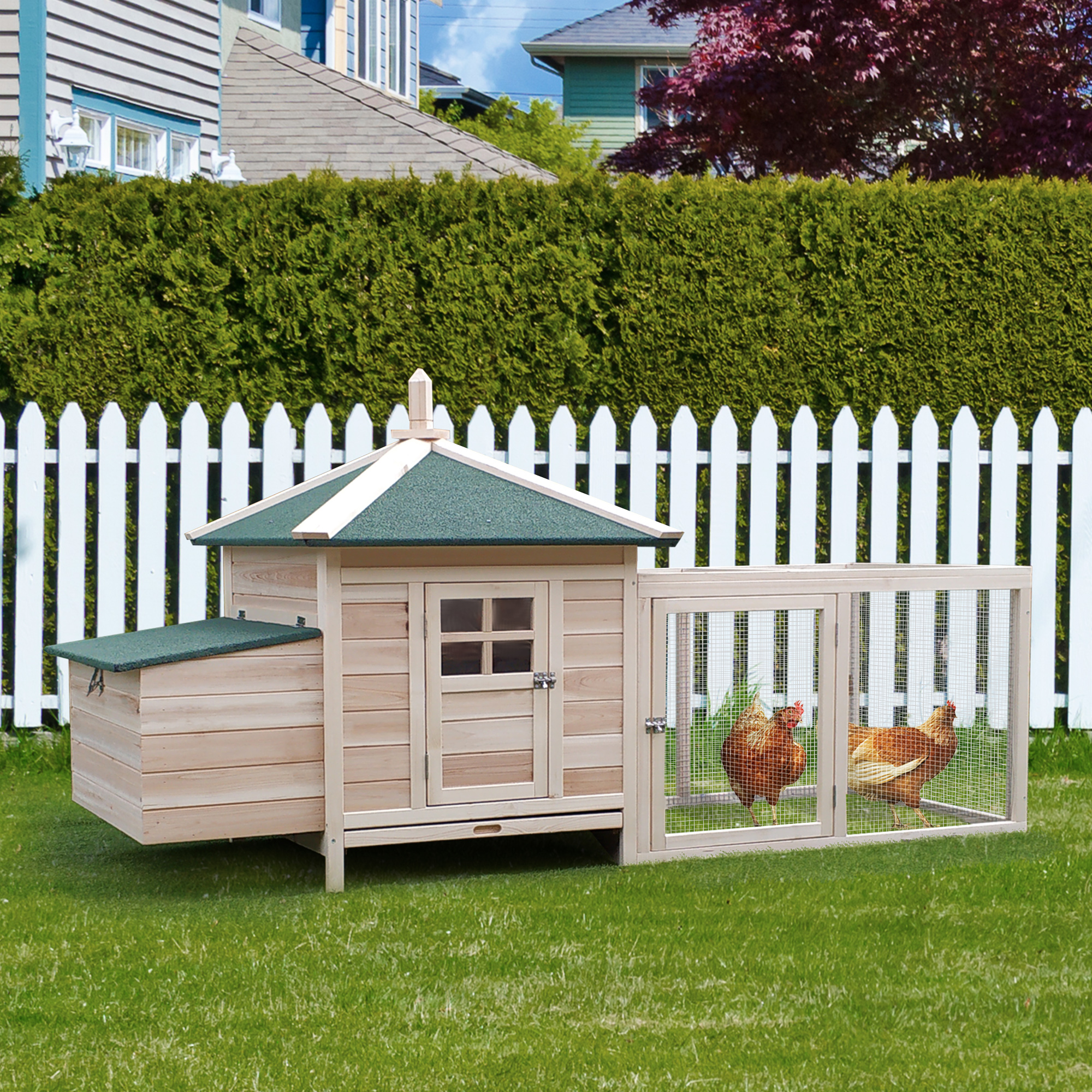 PawHut Hühnerstall für Zwerghühner 196 x 76 x 97 cm Hühnerhaus mit Nistkasten, Freilaufgehege Sitzstange, Kleintierstall aus Holz, Natur
