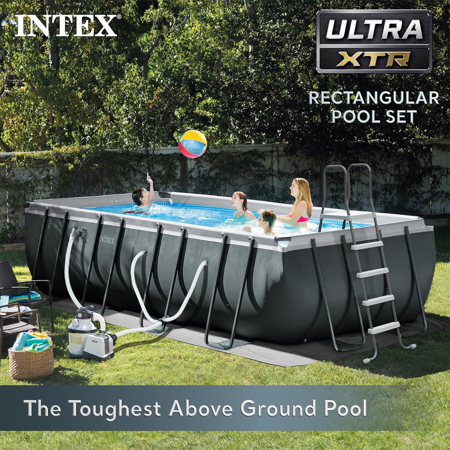 Intex 18' x 9' x 52" Ultra XTR Rectangular Frame Swimming Pool Set with Pump - Above Ground Backyard Large Rectangle Pool with 45-Inch Deep Water