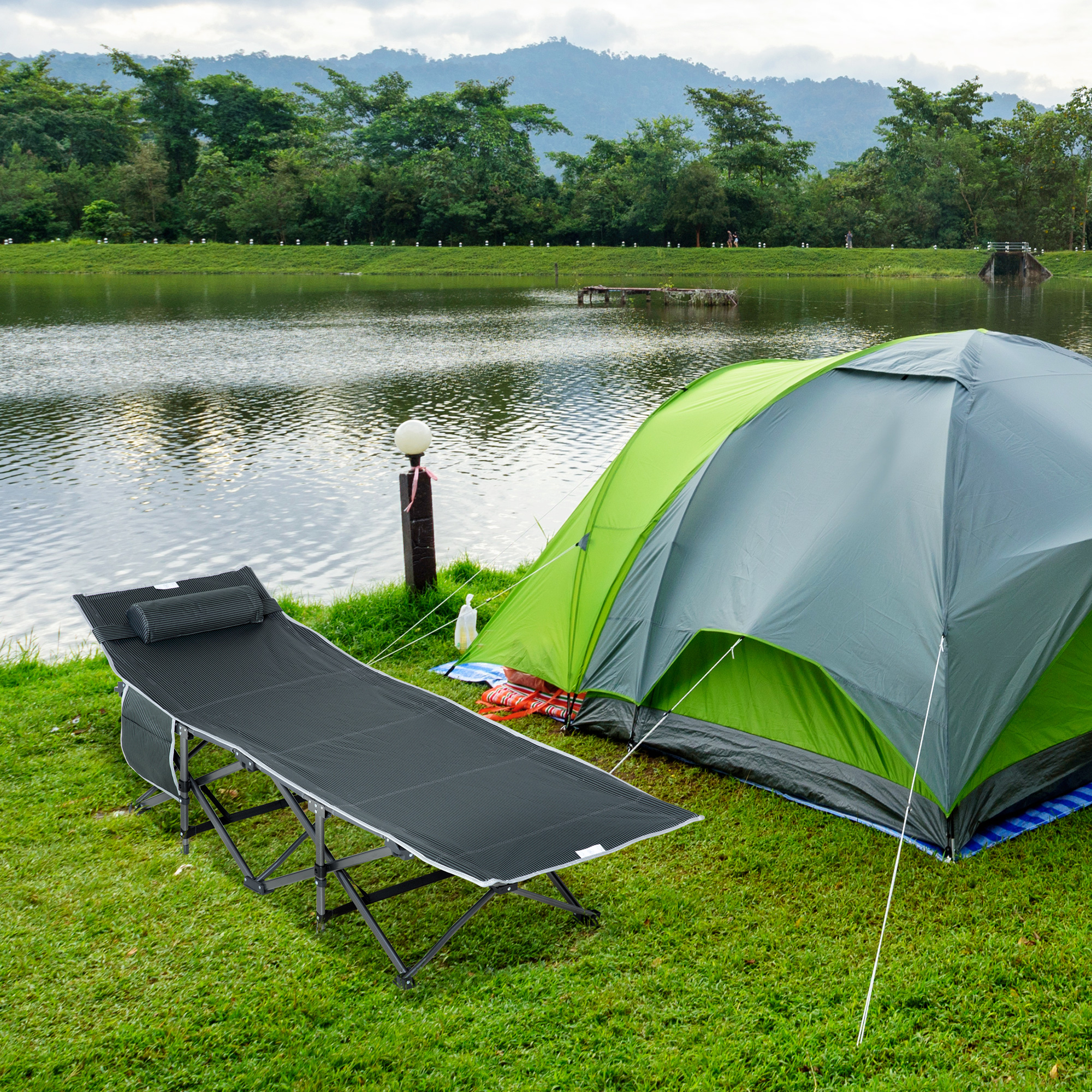 Outsunny Campingbett, klappbares Feldbett mit Kopfkissen, 188 x 64,5 x 53 cm, Grau