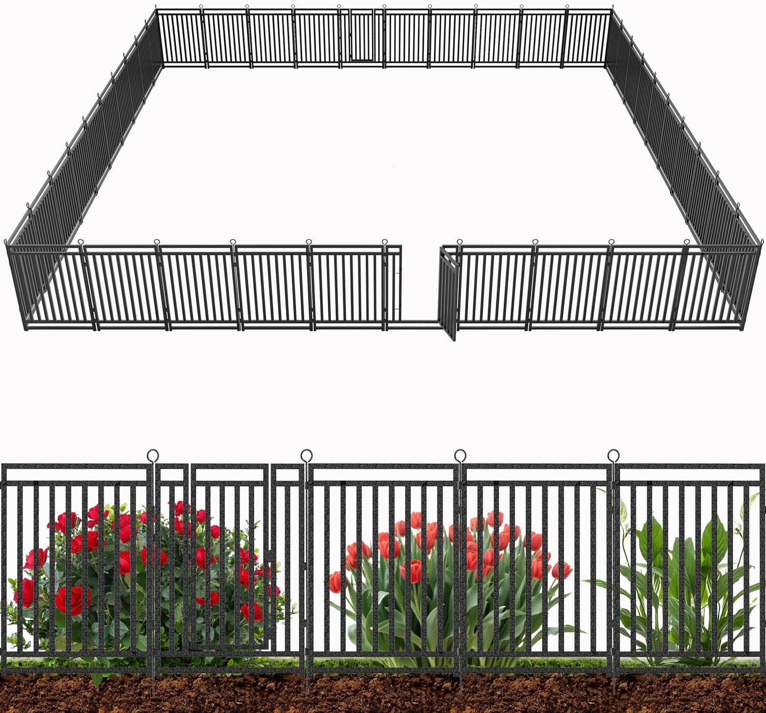 Decorative Garden Fence Metal Dog Fence Outdoor for Yard  92ft (L) × 40in (H)  35 Panels + 5 Gates  Rustproof Animal Barrier Fencing for Patio & Flower Bed  No Dig  Black-Silver