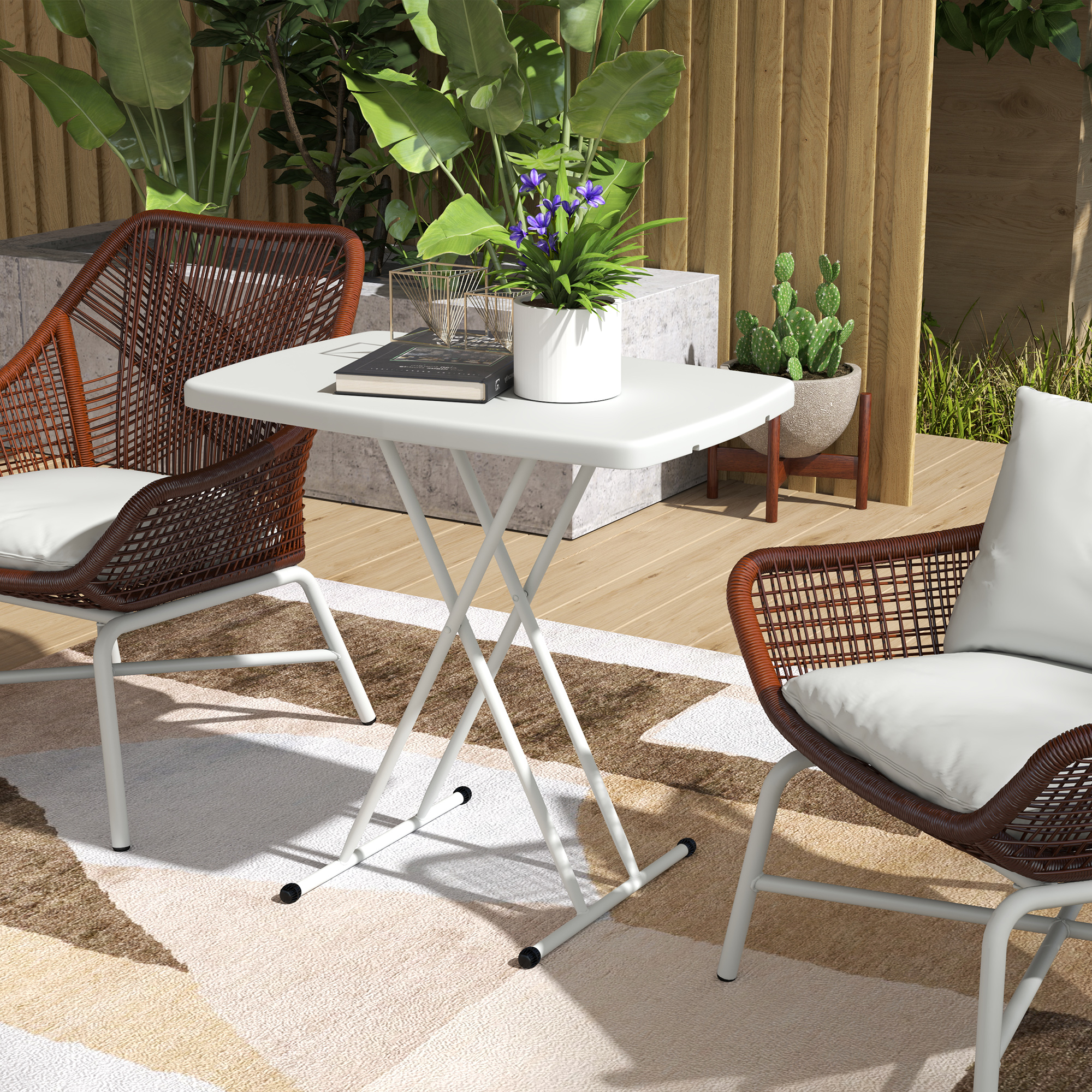 Outsunny Gartentisch, Tragbarer Tisch für den Außenbereich aus Kunststoff und Metall, Bistrotisch, für Terrasse, Garten, Weiß
