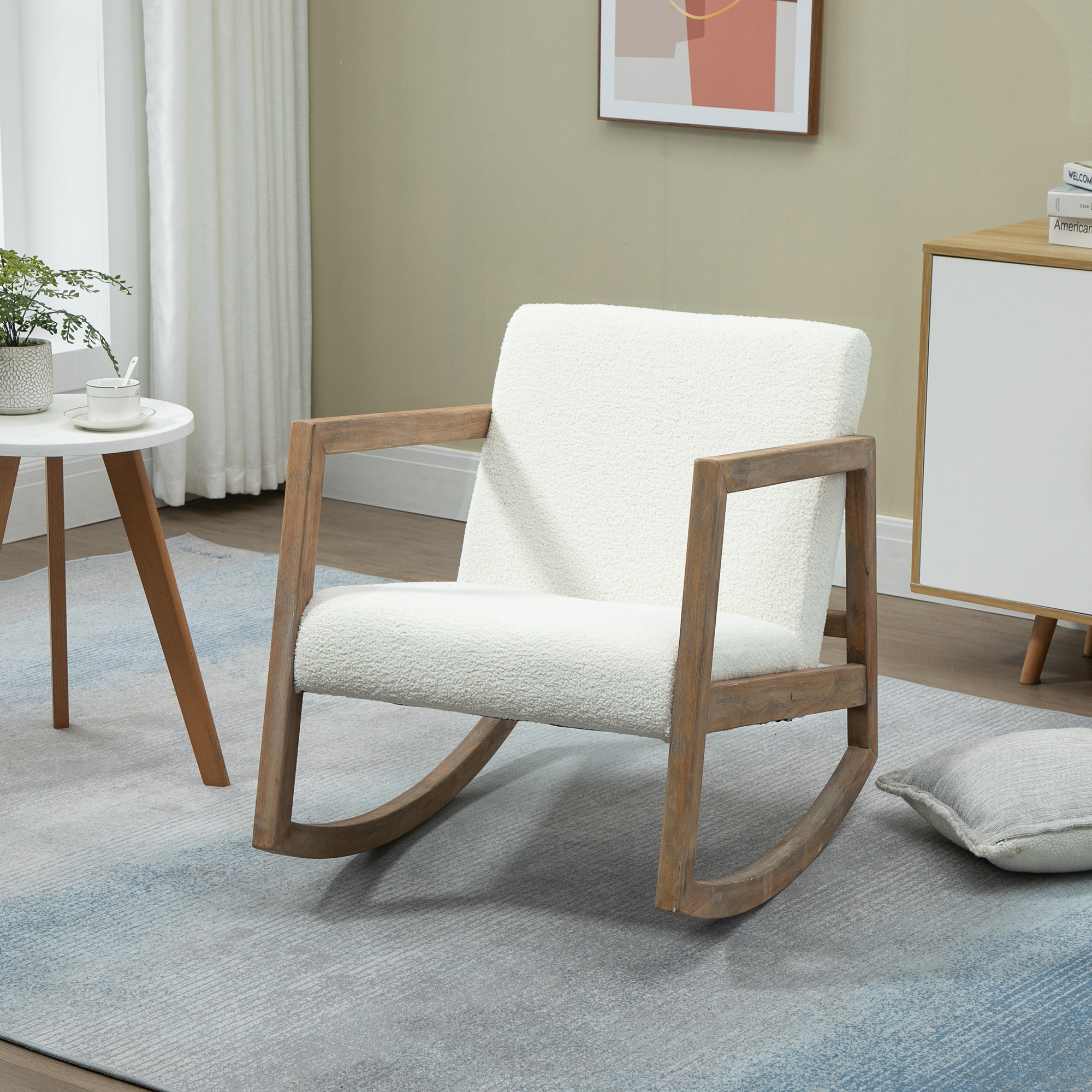 schommelstoel met houten frame, gestoffeerd, relaxstoel, fauteuil, woonkamerstoel, salon met gestoffeerde zitting, rubberhout, cr��me wit, 60 x 81 x 71 cm