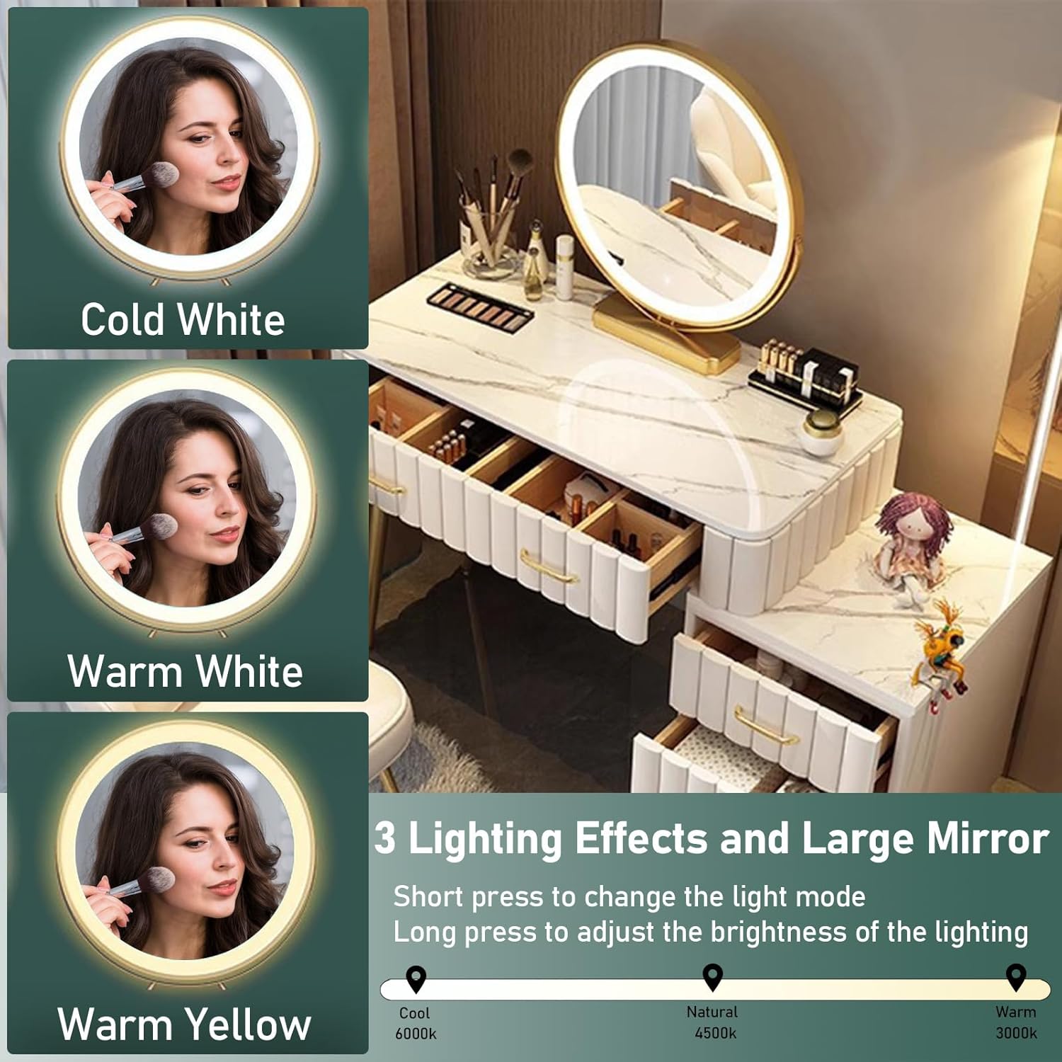 Makeup Station with LED Mirror, Adjustable 3 Colours, Brightness Adjustable, Makeup Desk with 5 Drawers, Cosmetic Chair for Girls Room, 80/100 x 40 x 76 cm