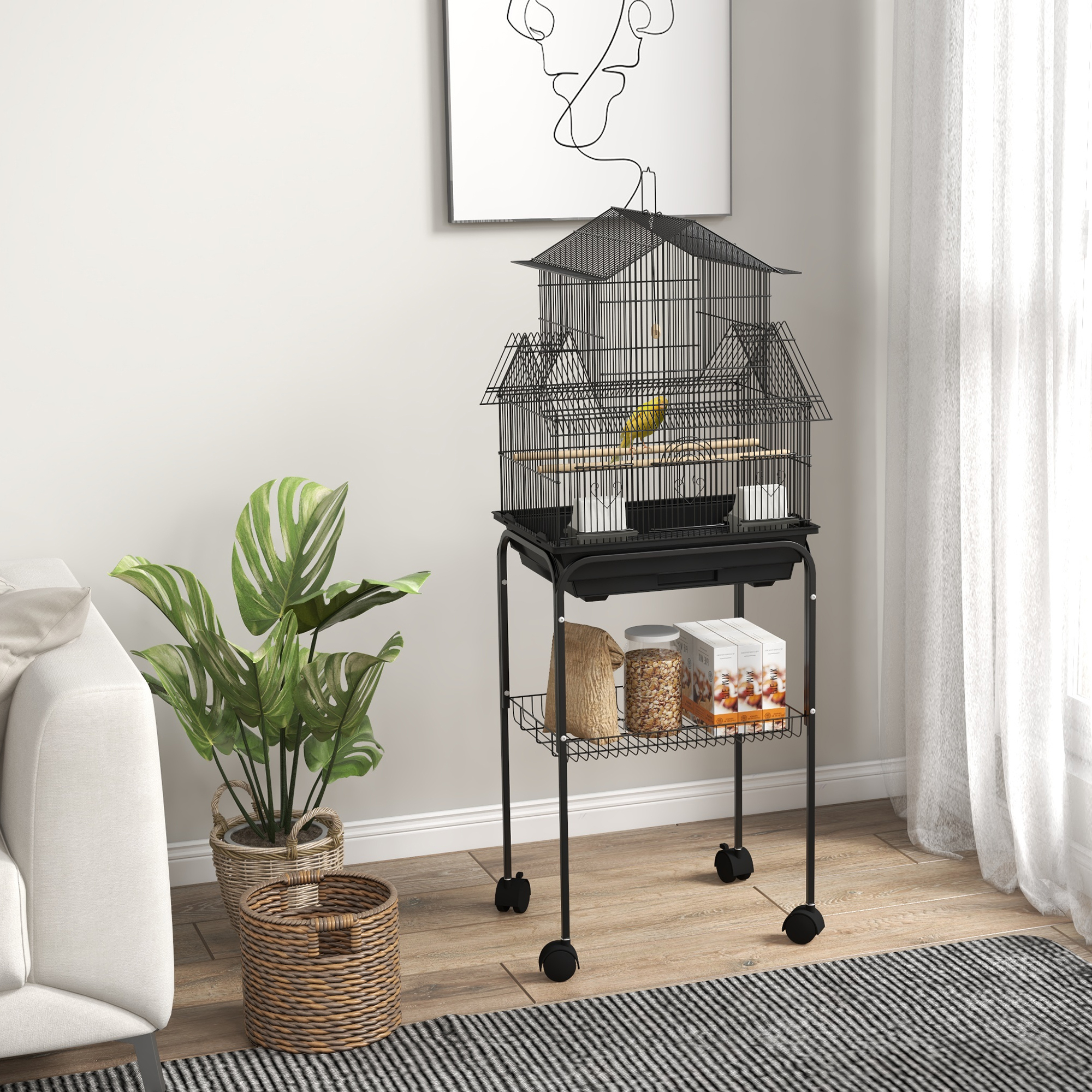 PawHut Vogelkäfig Design-Haus Futternäpfe Sitzstangen 3 Türen Kotboden abnehmbar + Griff zum Transport schwarz