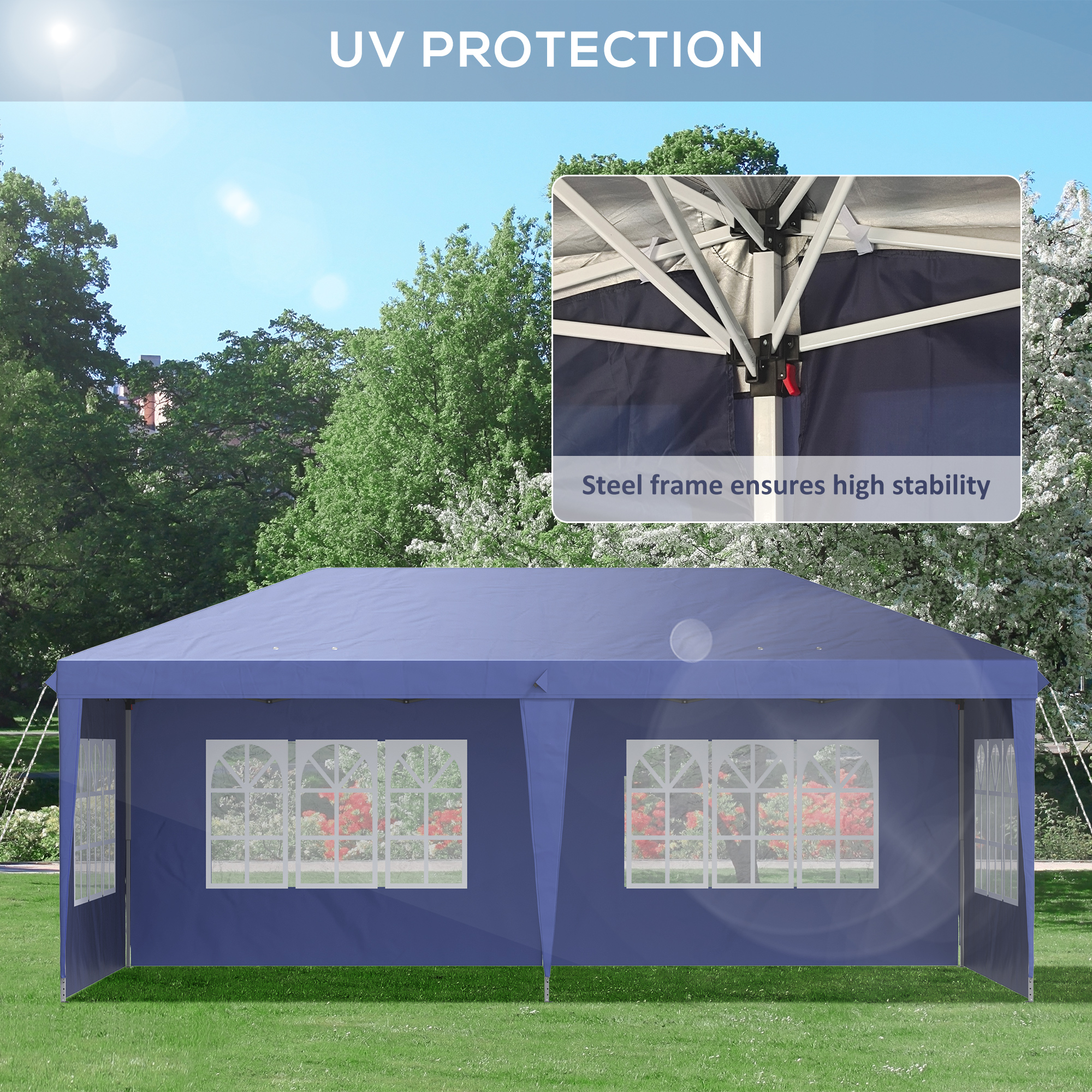 Opklapbare tuinpaviljoen van 6 x 3 m, halfopen, verwijderbare zijwanden, grote ramen, draagtas, stalen frame, blauw