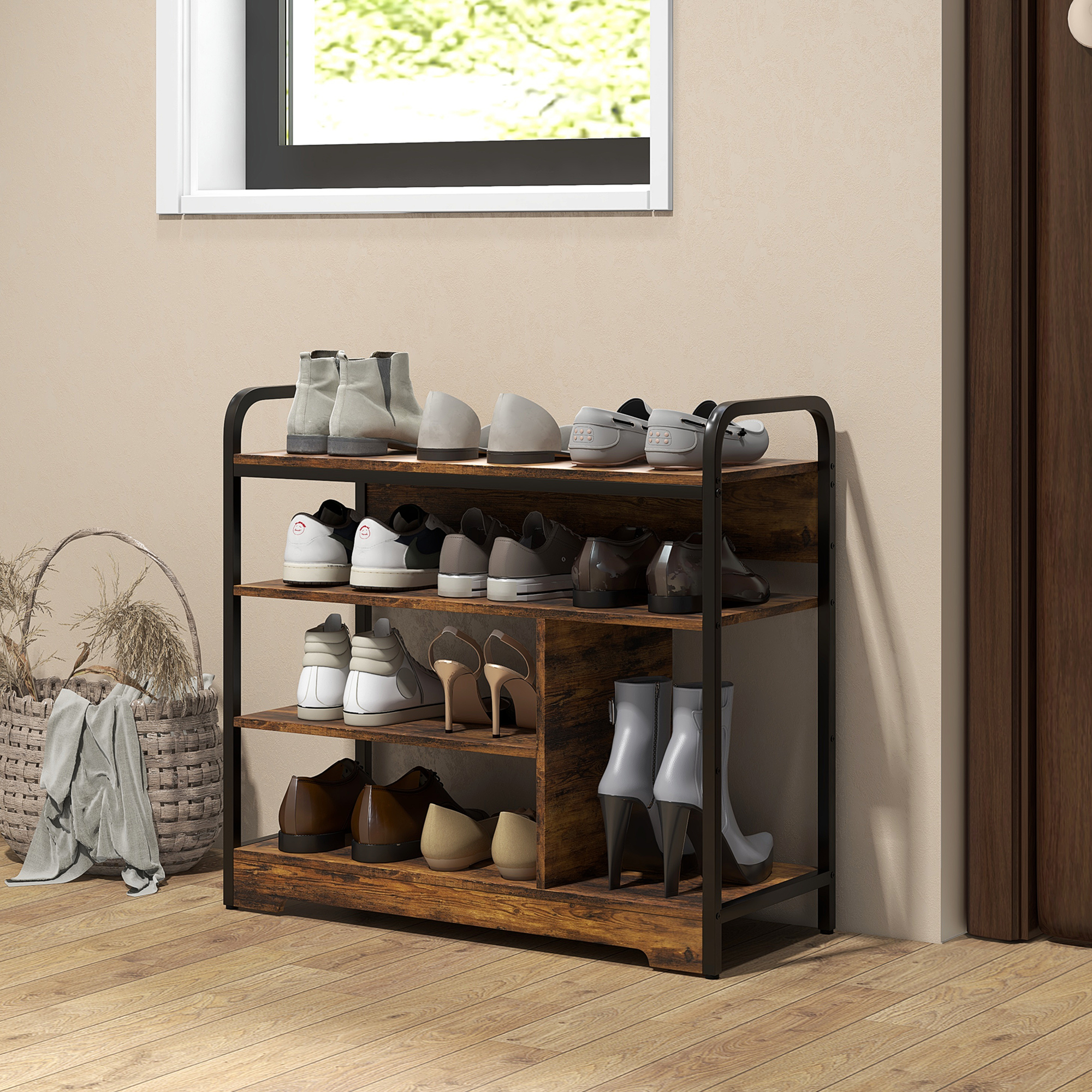 HOMCOM Schuhregal 4-stufig, offenes Design, Metallrahmen, verstellbare Füße, 70x30x65 cm, Braun/Schwarz