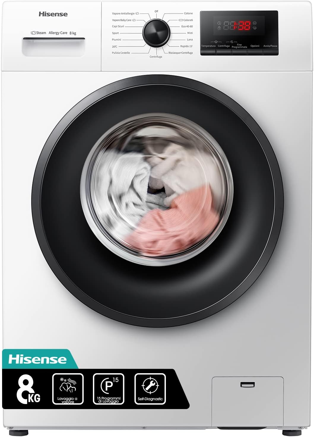 Hisense WFVB7012EM Front Load Washing Machine 7 kg 1200 rpm 15 Programs Steam LED Display Rapid Program Delay Start Child Lock