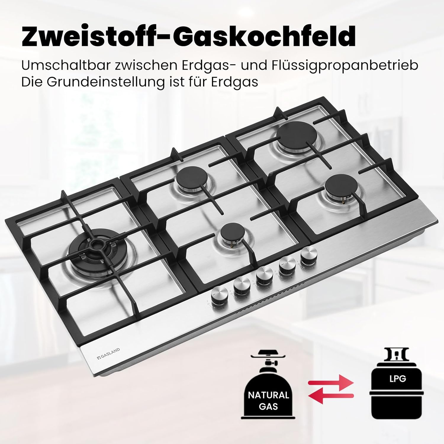 GASLAND GH60SF Einbau Gaskochfeld Edelstahl 4 Flammig, Gas Einbau Autark Gaskochfeld, 8000 W Butan-Gasherd, LPG/Erdgas