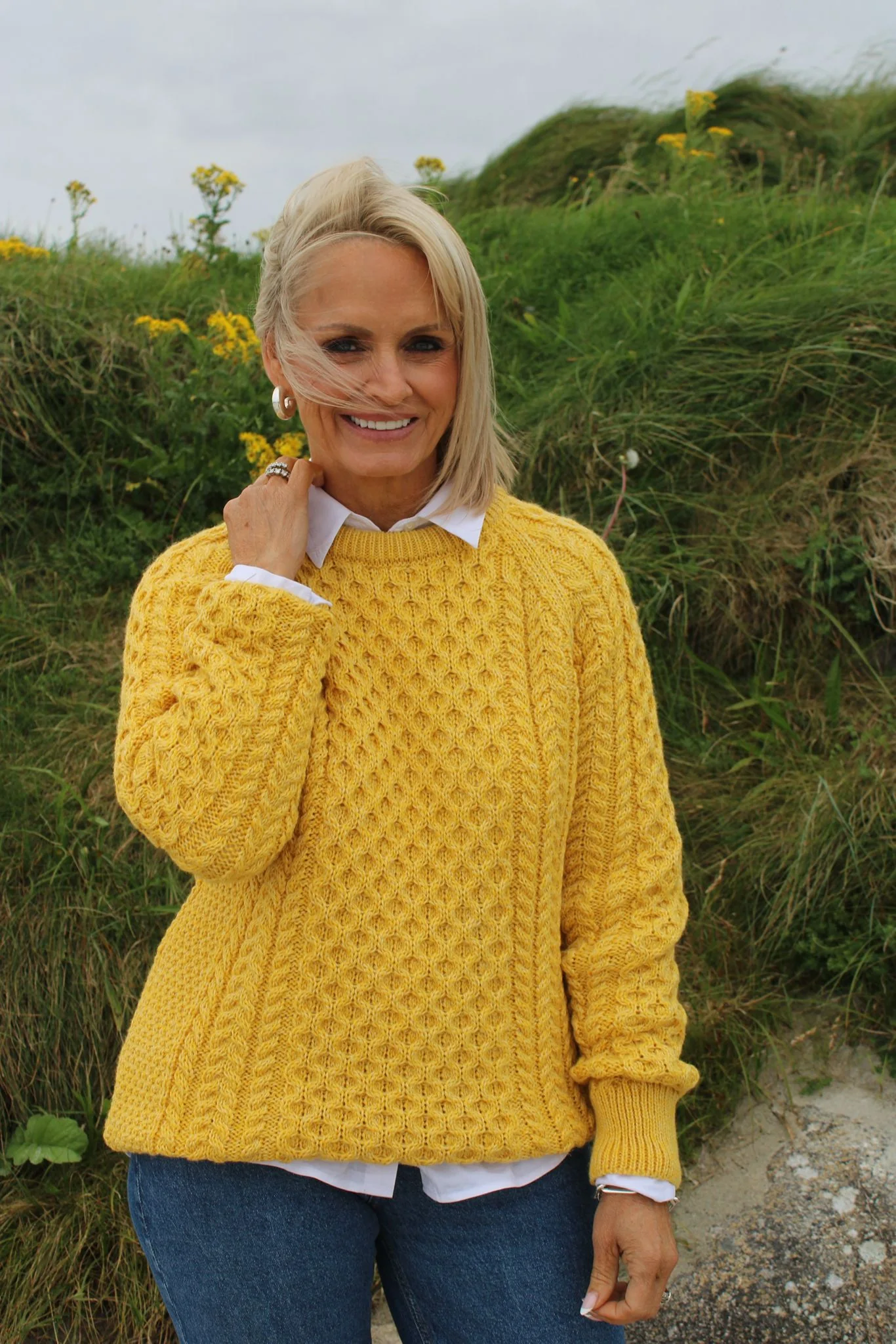Aran Crew Neck Wool Sweater - Yellow