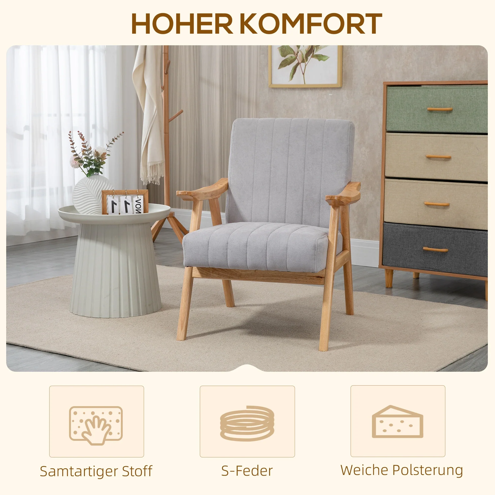 HOMCOM Polsterstuhl Skandi Design extra bequem Samt Hellgrau