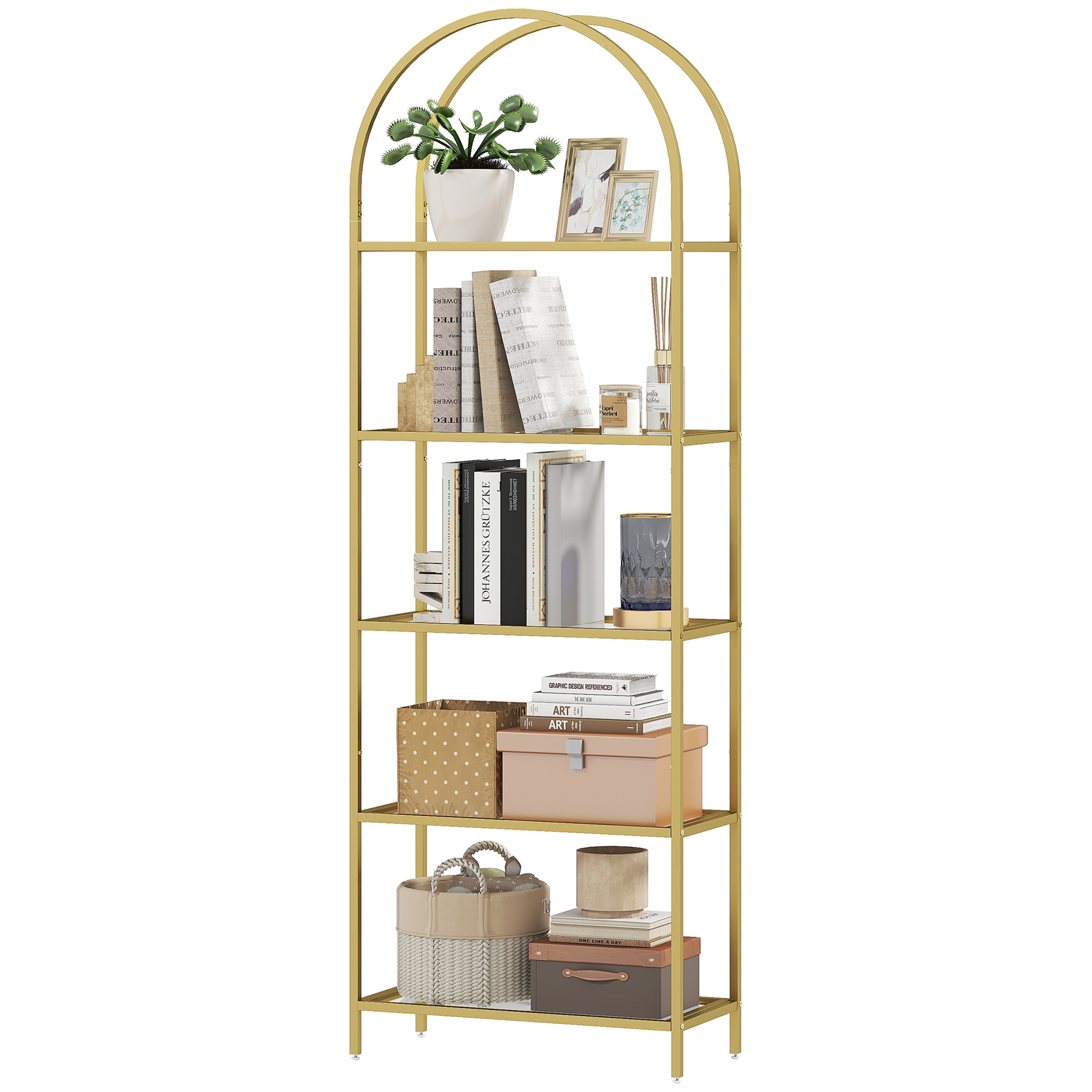 HOMCOM Regal mit 5 Regalen aus Stahl und Gehärtetem Glas, 60x30x175 cm, Gold